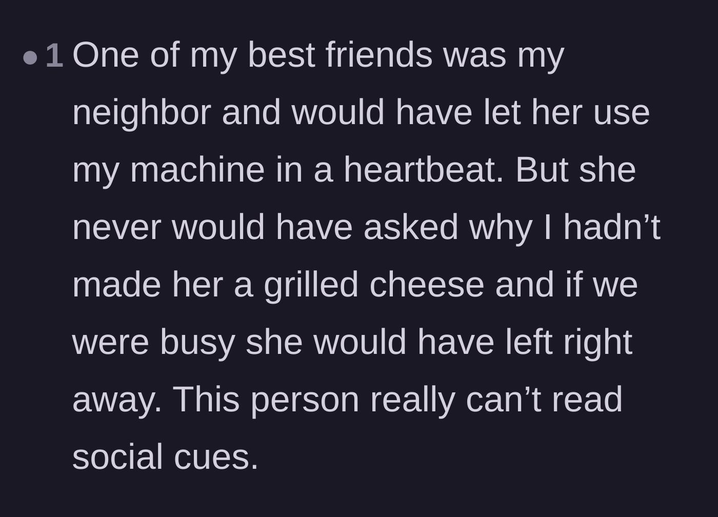 Comment thread 6 - Comparing the entitled neighbor's behavior to how a respectful friend would act in the same situation.