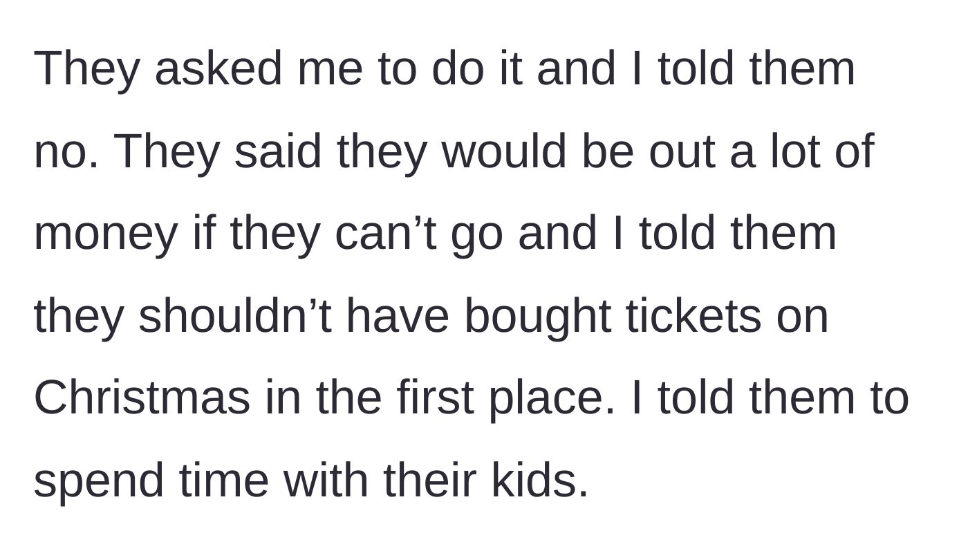 Story part 3 - Grandma firmly says no, telling them they shouldn't have bought holiday tickets and need to spend time with their kids, while the parents complain about losing money.