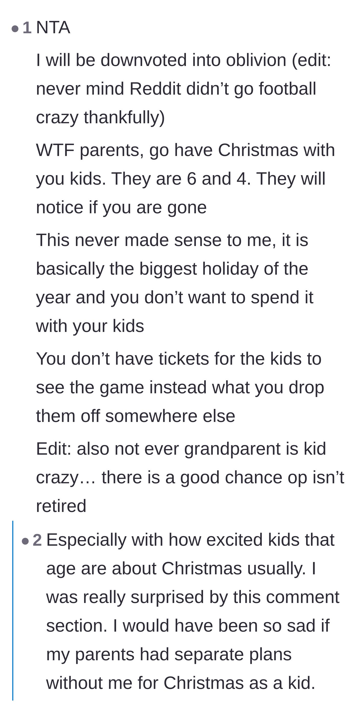 Comment thread 1 - Debate about the parents abandoning their young kids on Christmas and a theory about why the other grandmother really canceled.