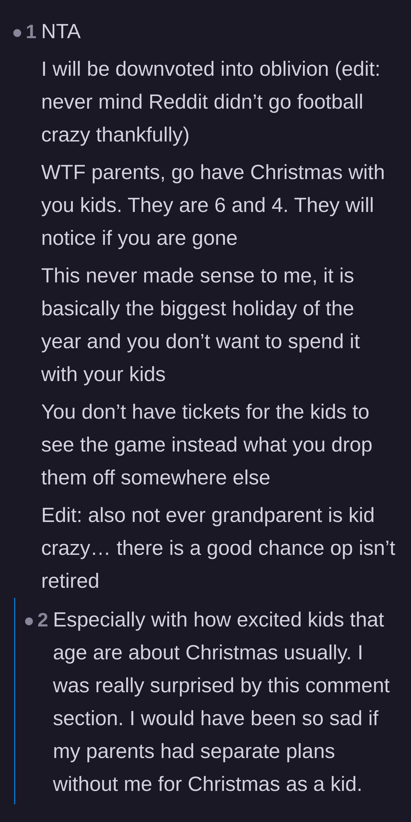 Comment thread 1 - Debate about the parents abandoning their young kids on Christmas and a theory about why the other grandmother really canceled.
