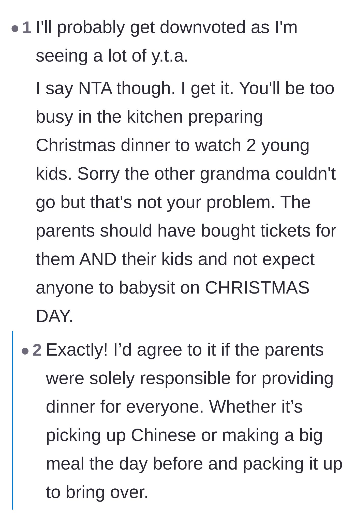 Comment thread 2 - Discussion about the audacity of expecting a host to cook a massive holiday meal while simultaneously running a daycare.