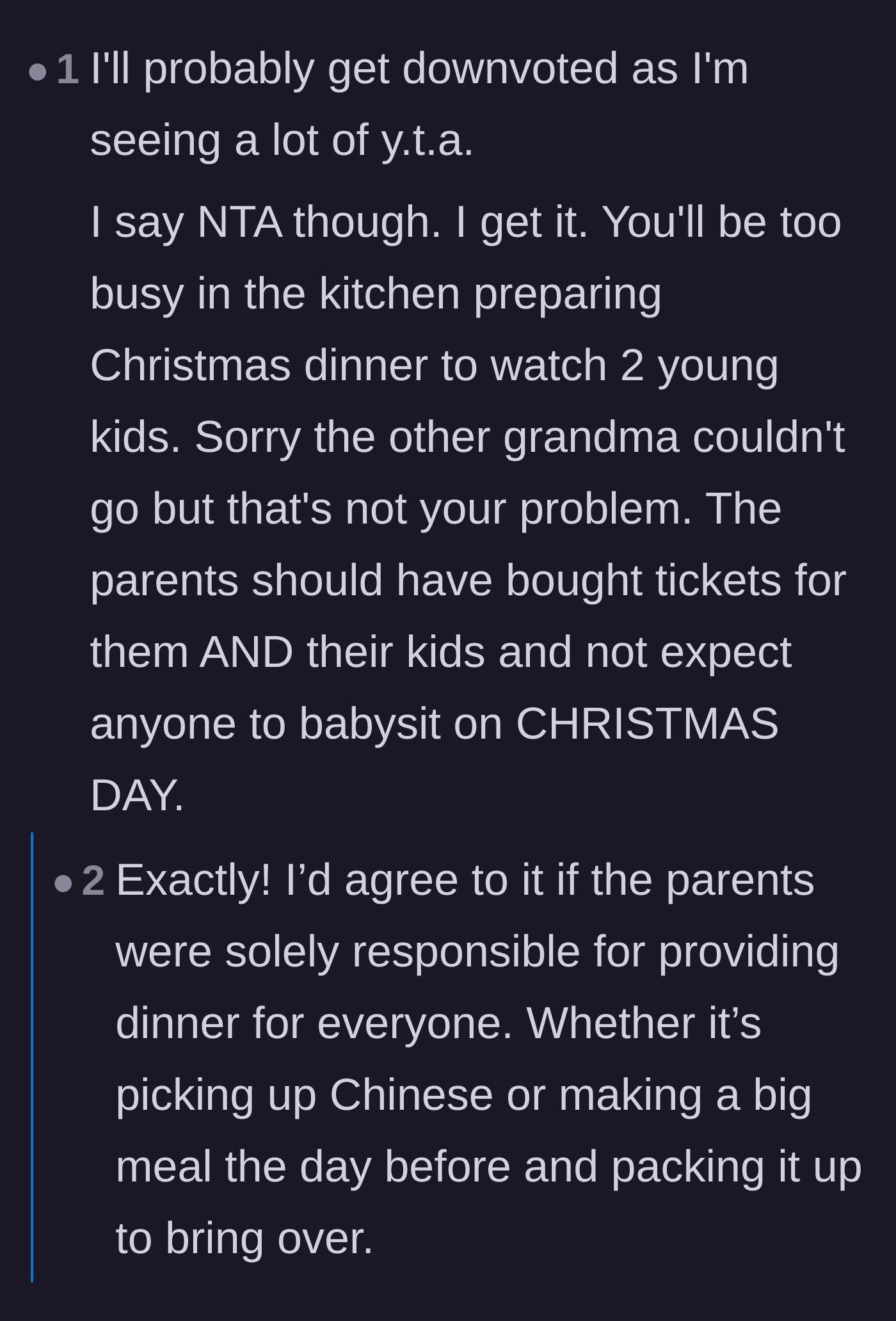 Comment thread 2 - Discussion about the audacity of expecting a host to cook a massive holiday meal while simultaneously running a daycare.