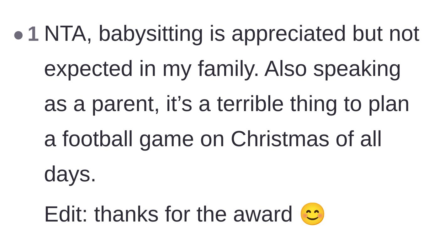 Comment thread 3 - A fellow parent chiming in to confirm that planning a football outing without the kids on Christmas is terrible parenting.