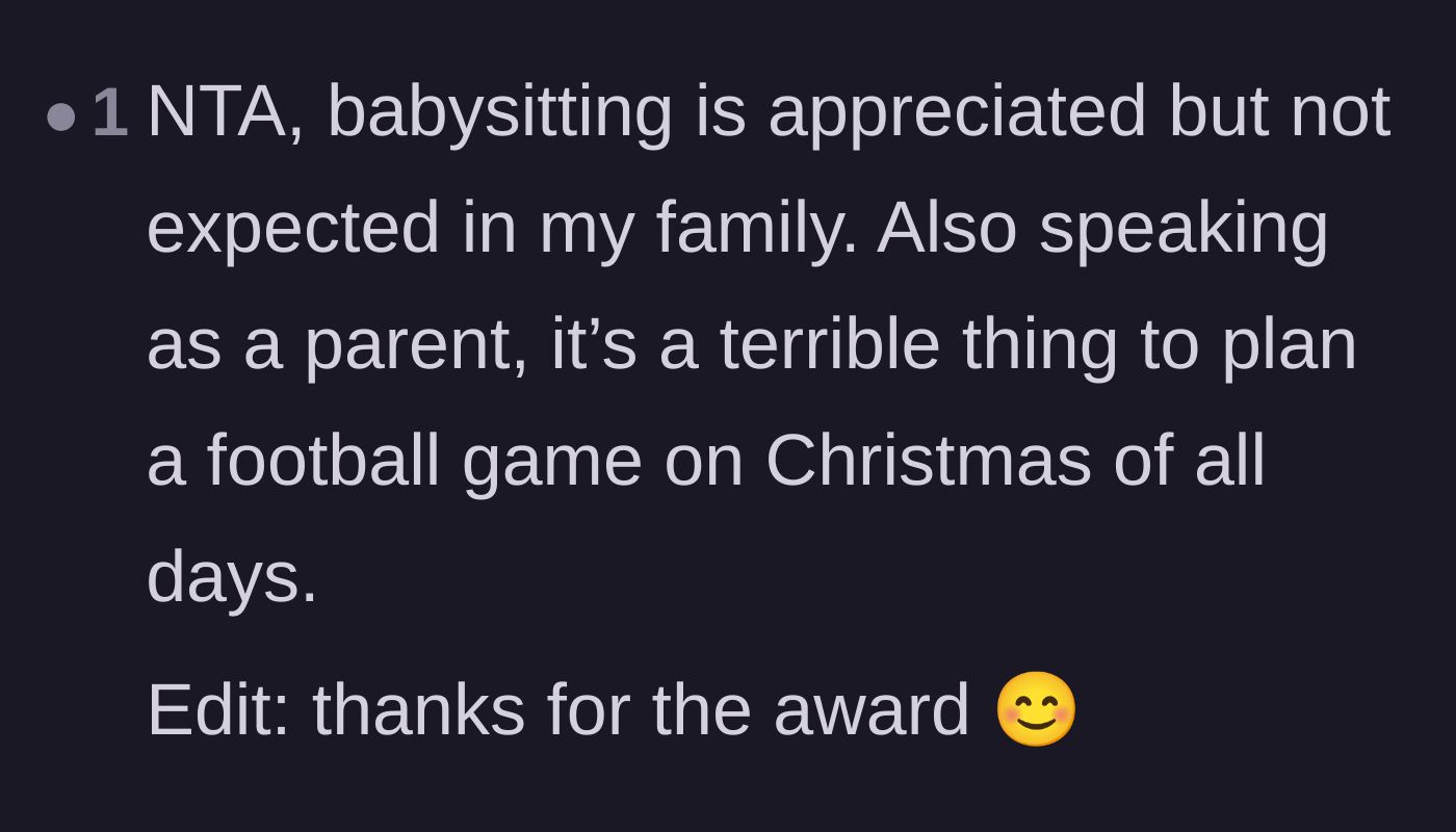 Comment thread 3 - A fellow parent chiming in to confirm that planning a football outing without the kids on Christmas is terrible parenting.