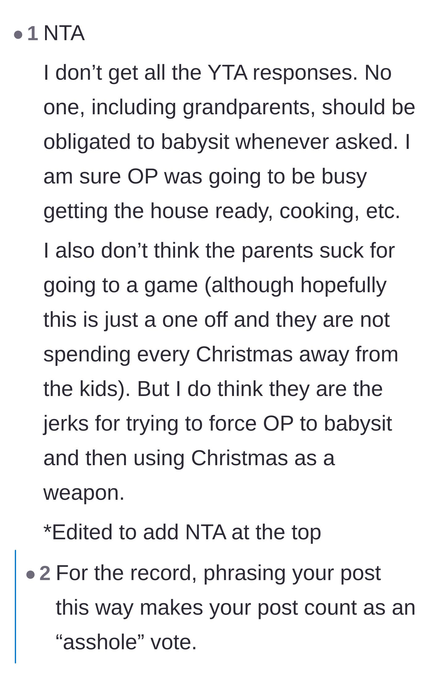Comment thread 4 - Calling out the parents for weaponizing their presence at Christmas dinner to punish the grandmother.