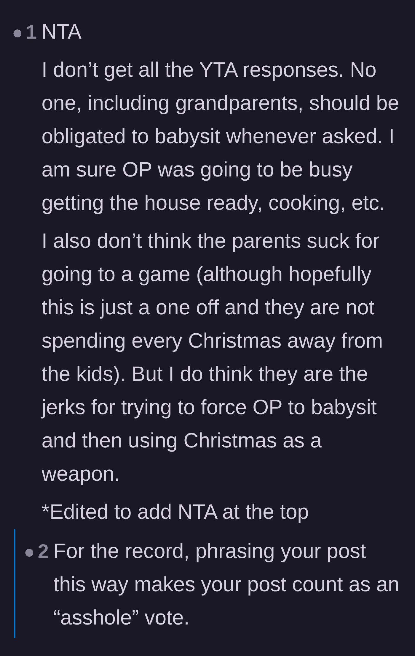 Comment thread 4 - Calling out the parents for weaponizing their presence at Christmas dinner to punish the grandmother.