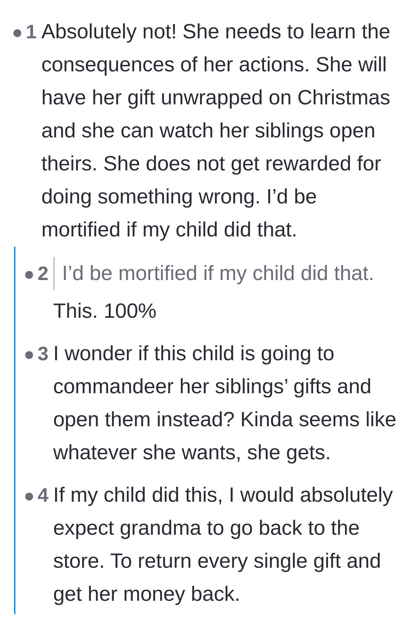 Comment thread 2 - A discussion on how mortified a normal parent would be in this situation.