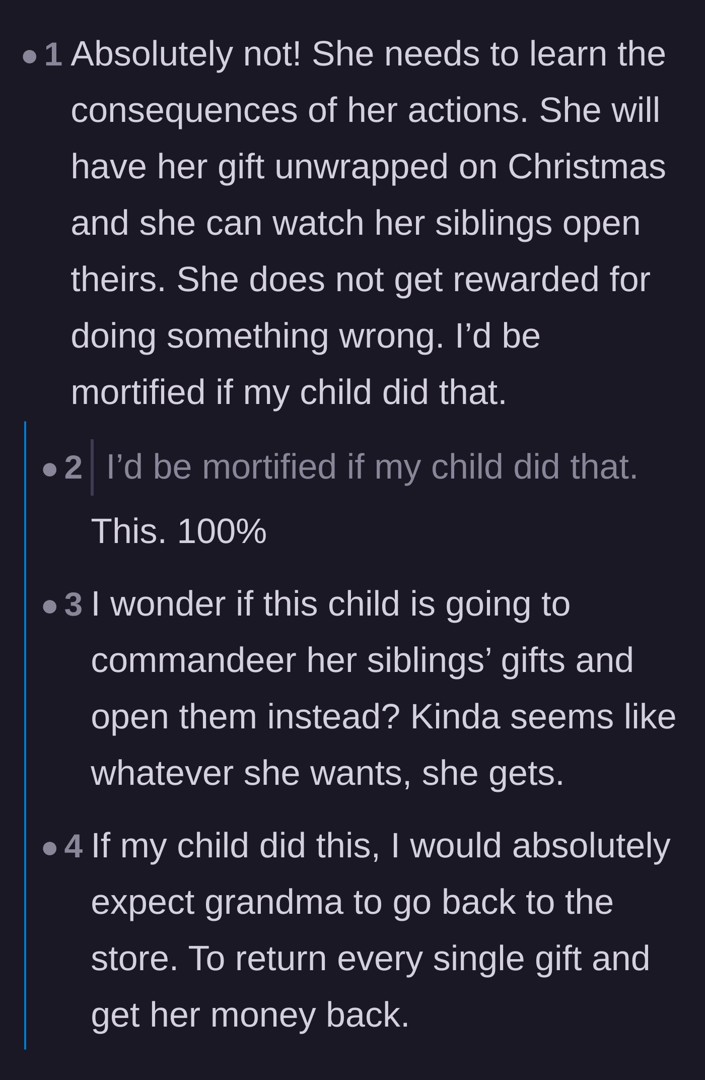 Comment thread 2 - A discussion on how mortified a normal parent would be in this situation.