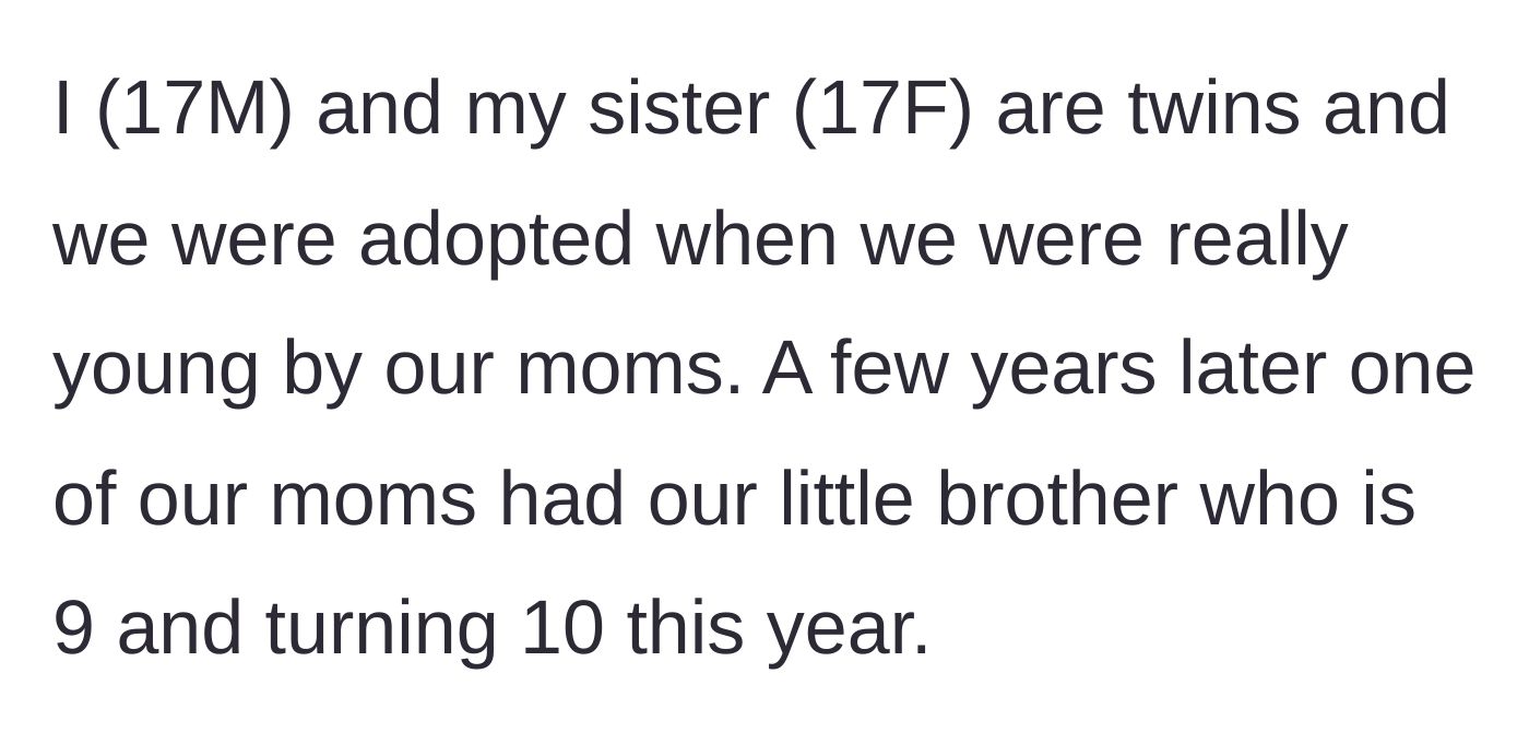Story part 1 - Introduction to the adopted twins and their younger biological brother