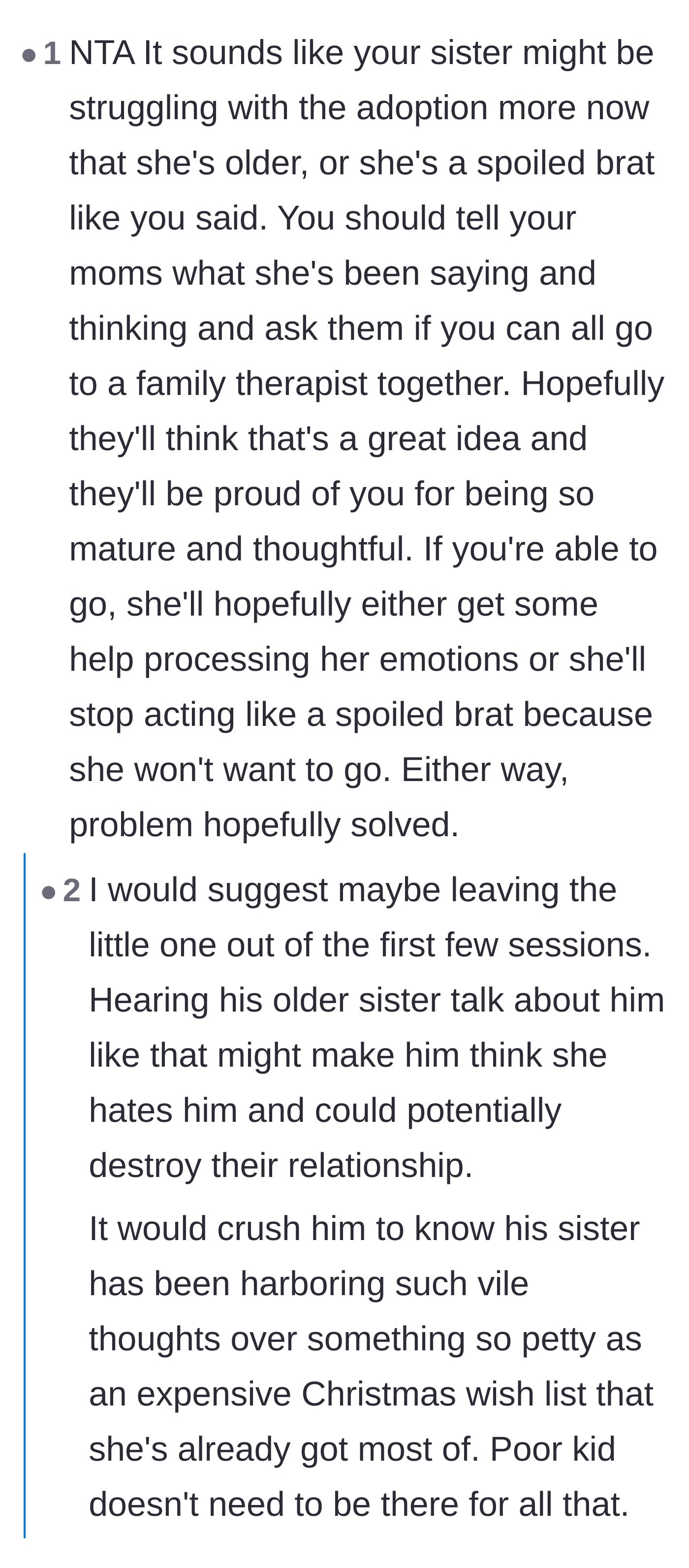 Comment thread 3 - Advice on seeking family therapy while protecting the younger brother from the sister's resentment.