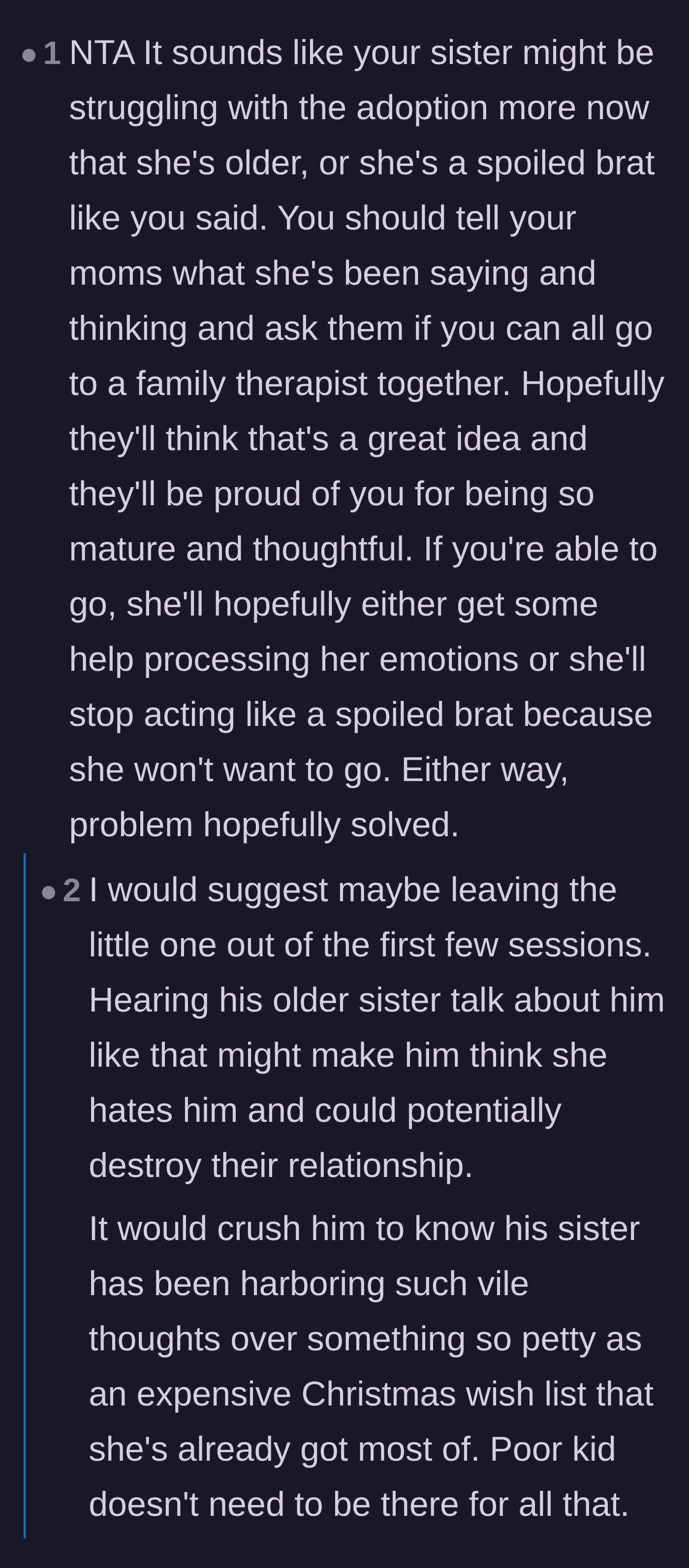 Comment thread 3 - Advice on seeking family therapy while protecting the younger brother from the sister's resentment.