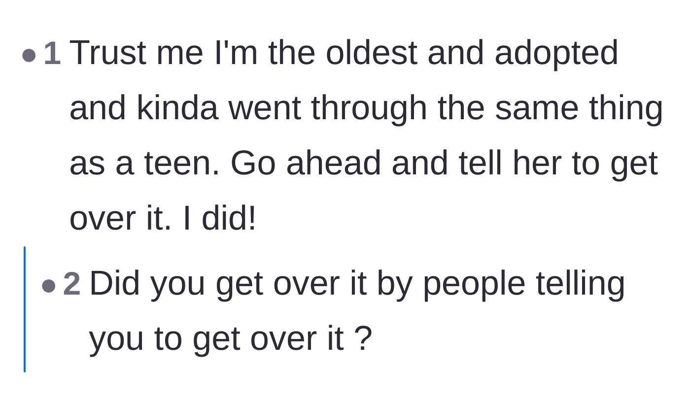 Comment thread 4 - A debate between adoptees on whether blunt tough love is the right approach to adoption trauma.