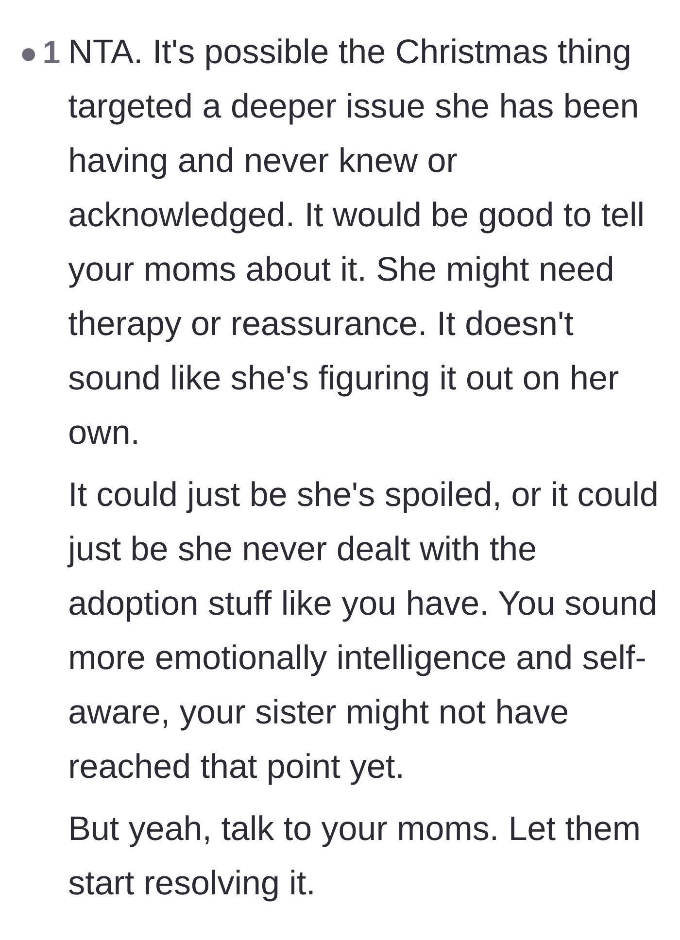 Comment thread 6 - Insight into how the Christmas drama might be masking unaddressed adoption trauma.