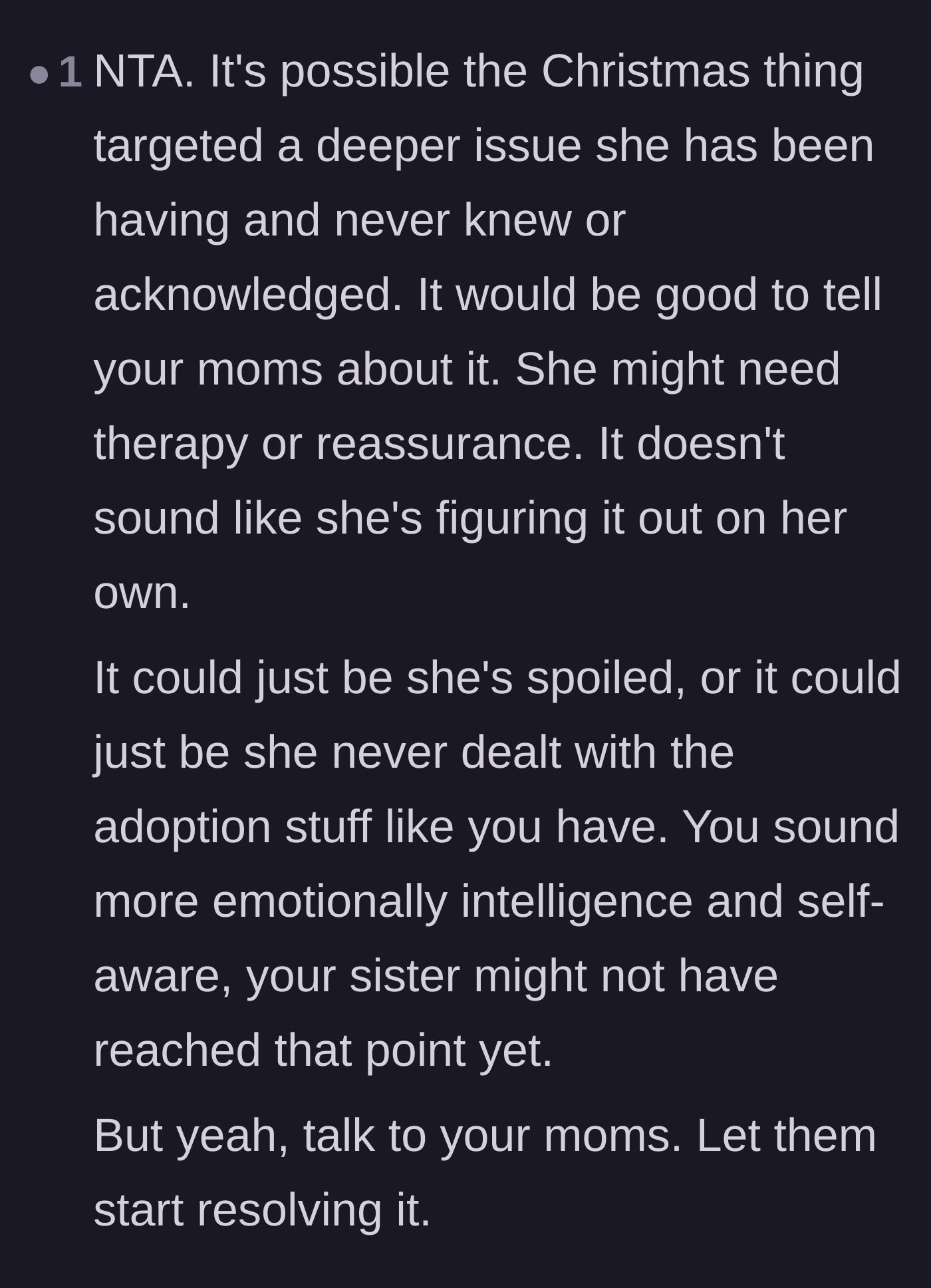 Comment thread 6 - Insight into how the Christmas drama might be masking unaddressed adoption trauma.