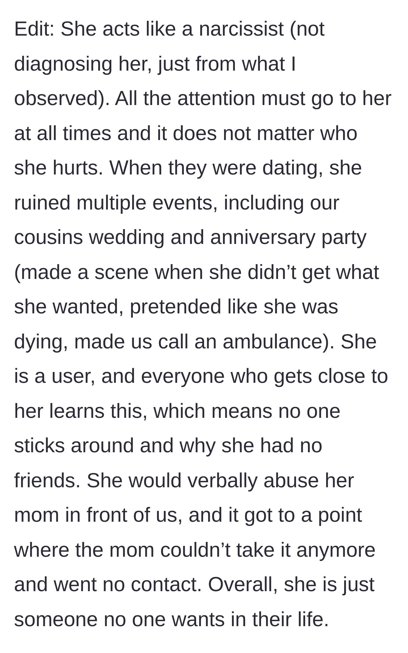 Story part 7 - The main character provides further context detailing the sister-in-law's extensive history of extreme manipulation and verbal abuse.