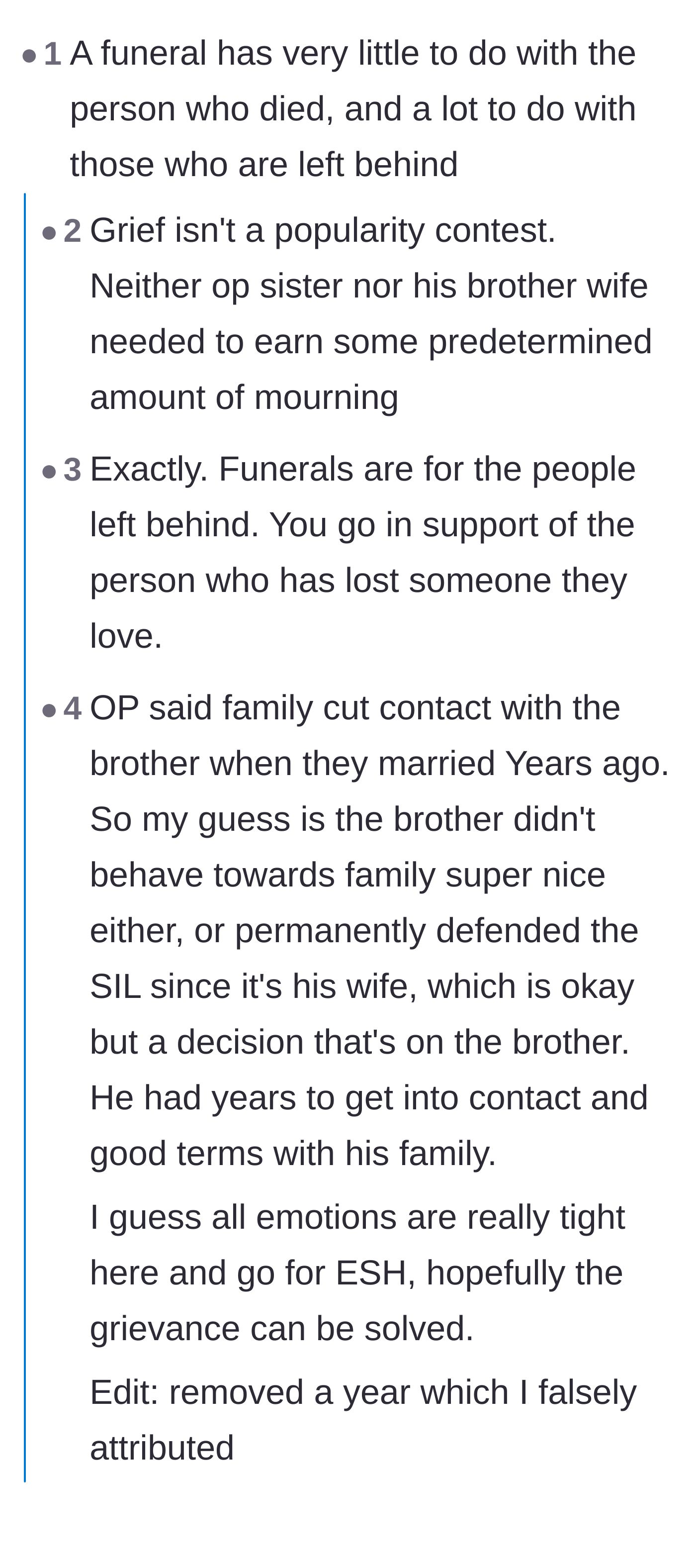 Comment thread 1 - A debate on whether funerals are meant to honor the dead or to support the surviving family.