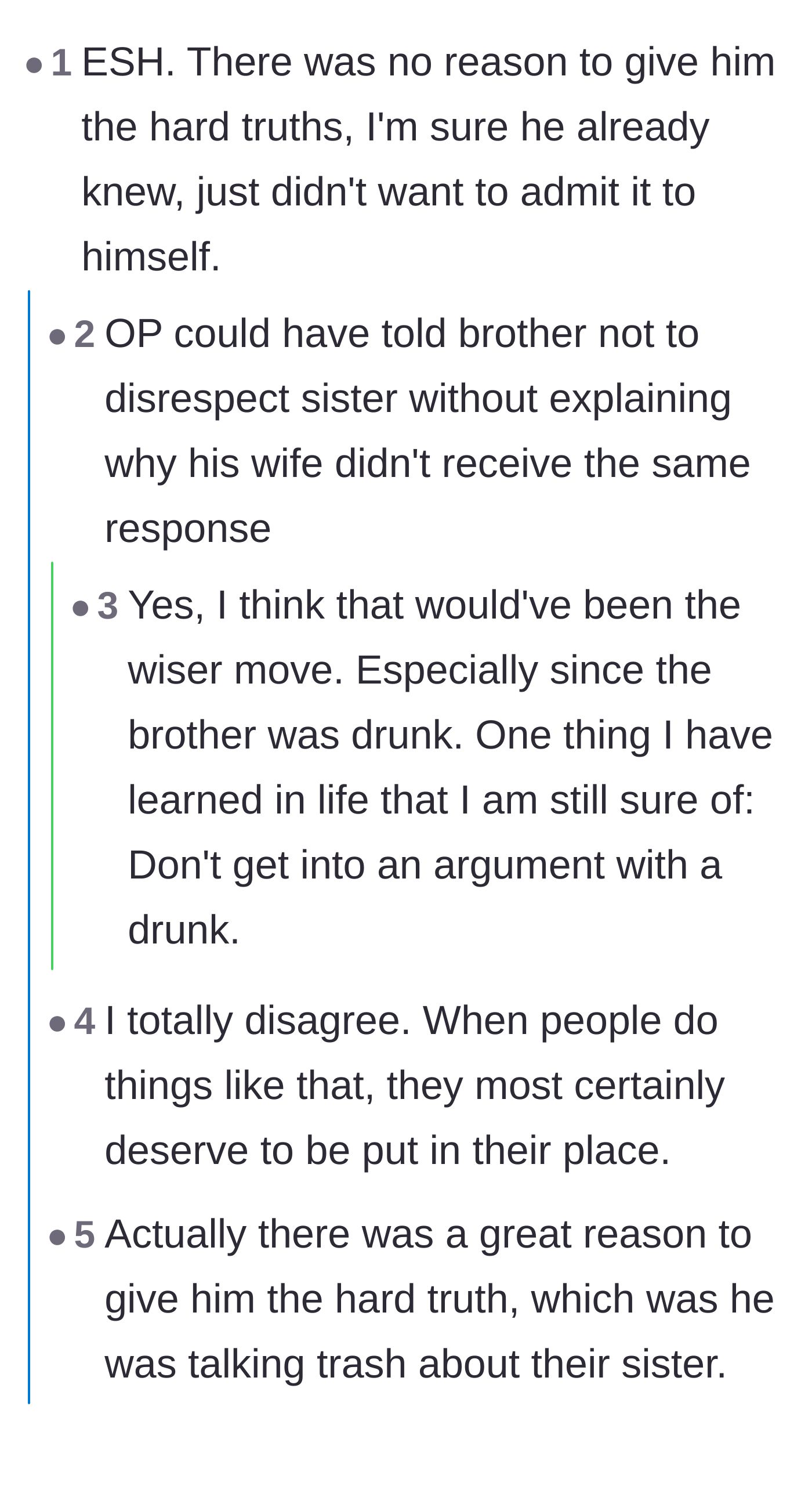 Comment thread 2 - Readers debating the wisdom of delivering harsh truths to a drunk and grieving widower.