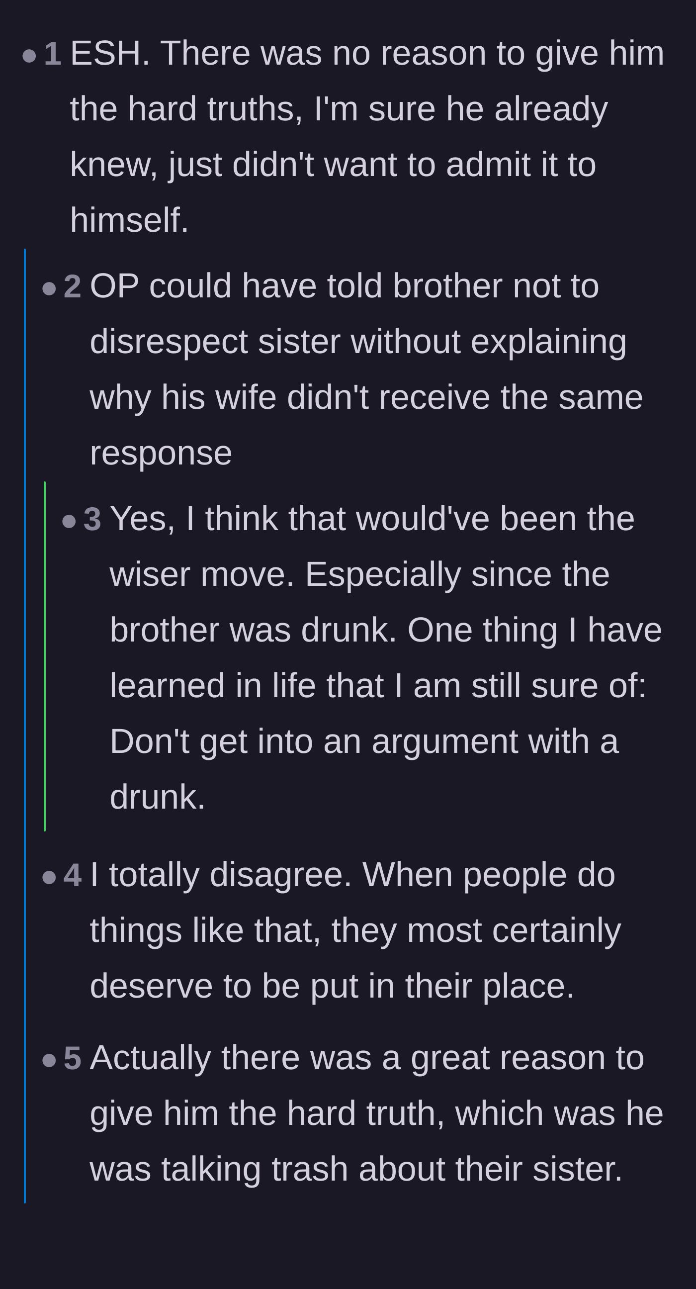 Comment thread 2 - Readers debating the wisdom of delivering harsh truths to a drunk and grieving widower.