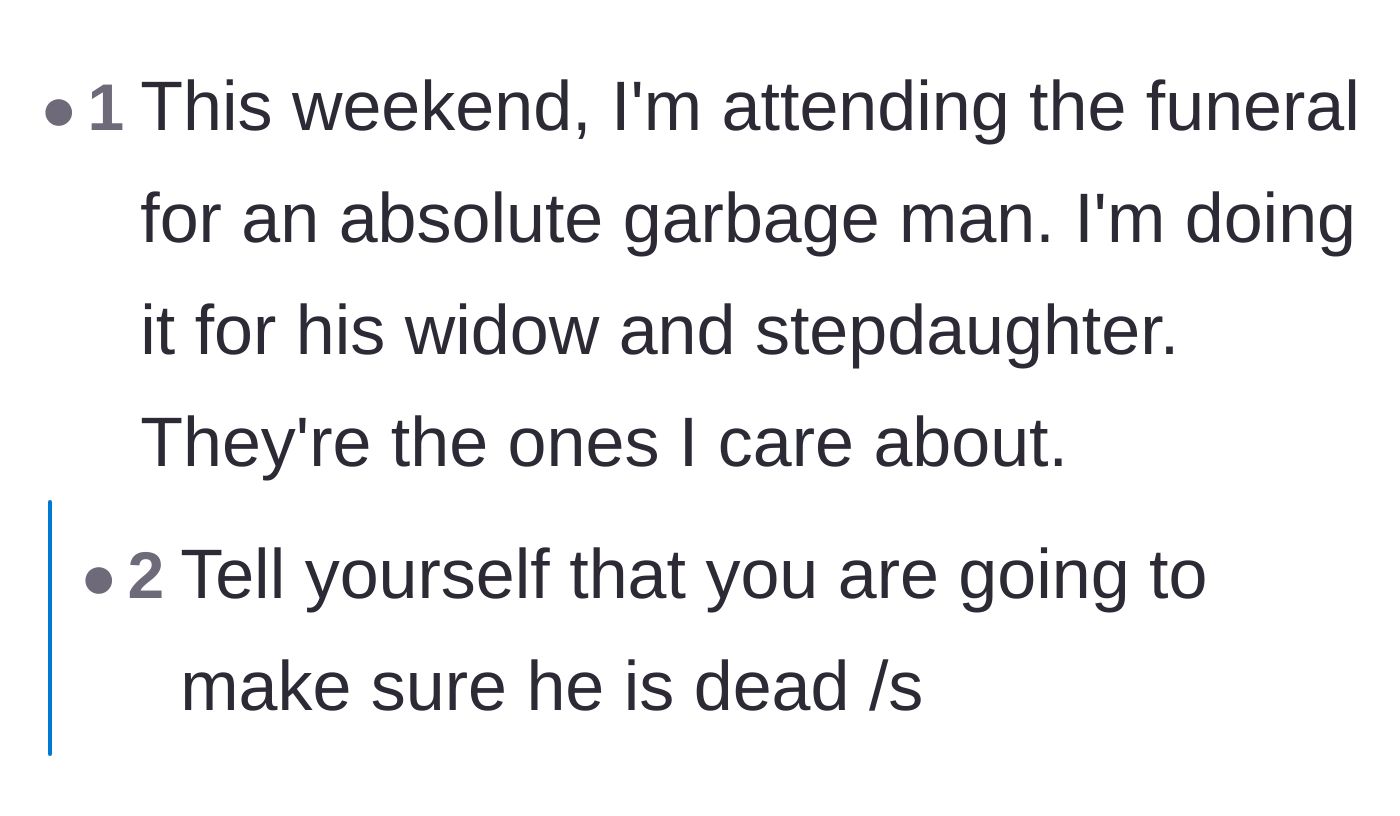 Comment thread 5 - Deeply personal reader stories about attending funerals for abusive people just to support the innocent survivors.