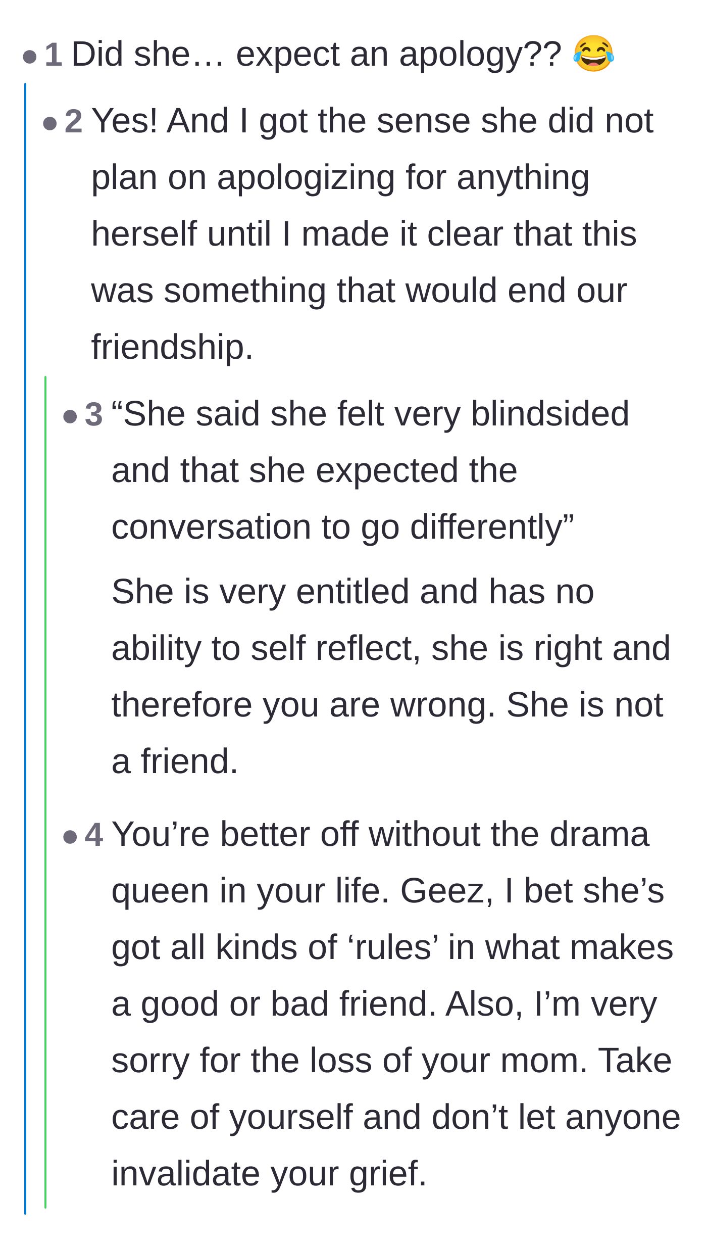 Comment thread 1 - Readers analyzing the friend's expectation that the main character would beg for forgiveness.