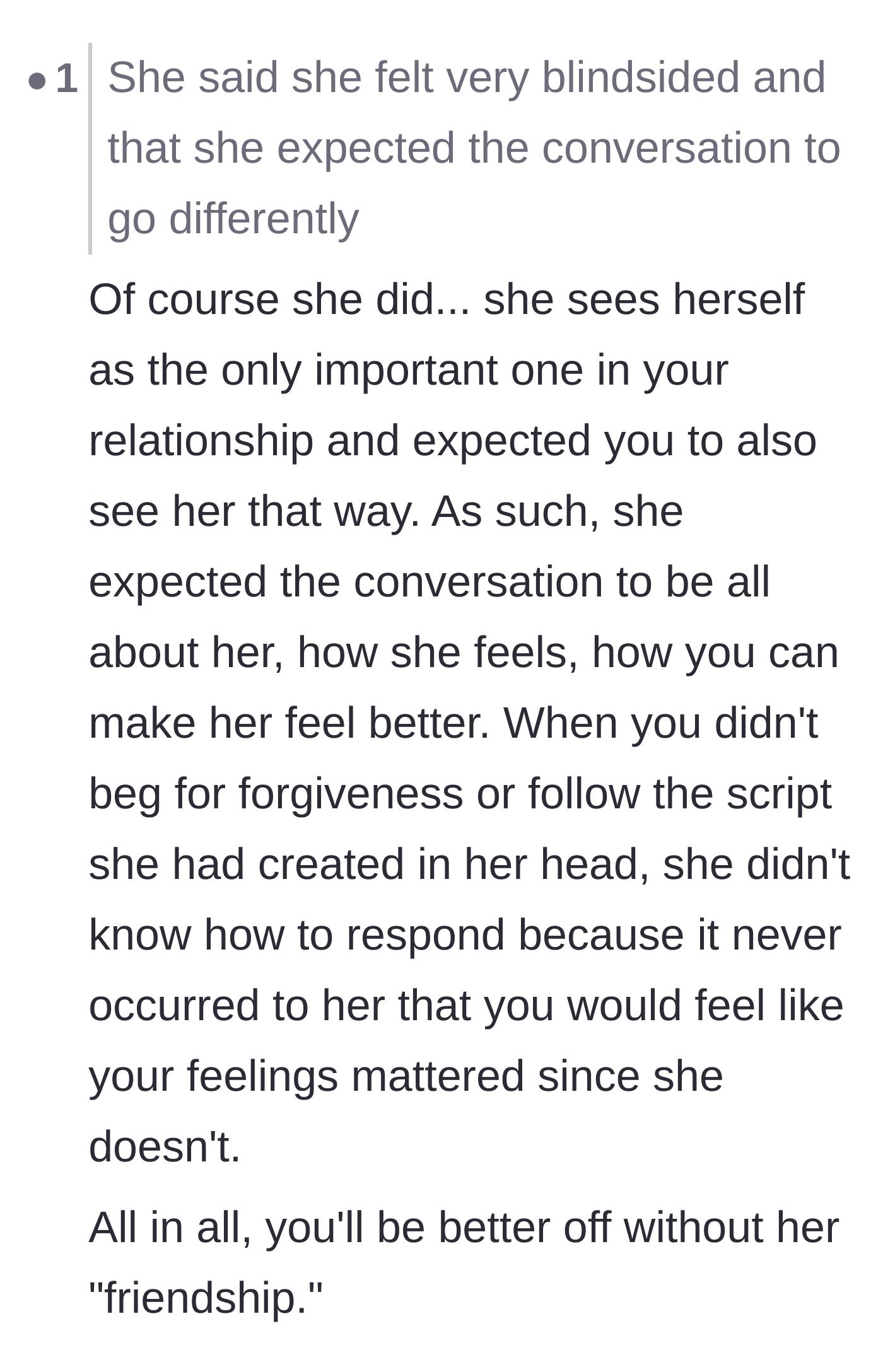 Comment thread 3 - Commentary unpacking the friend's main character syndrome and her internal, self-serving script.