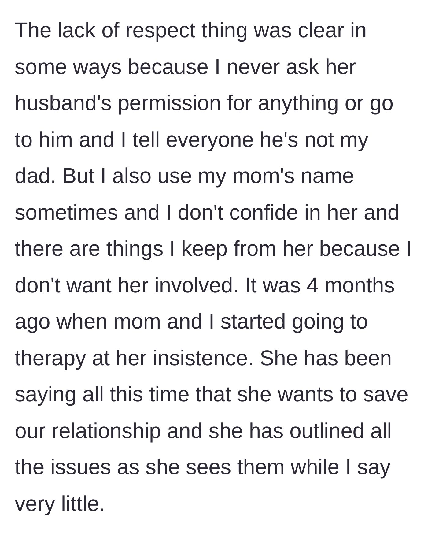 Story part 5 - The daughter details her ongoing emotional estrangement from her mother and stepfather, leading to the mother initiating mandatory joint therapy sessions.