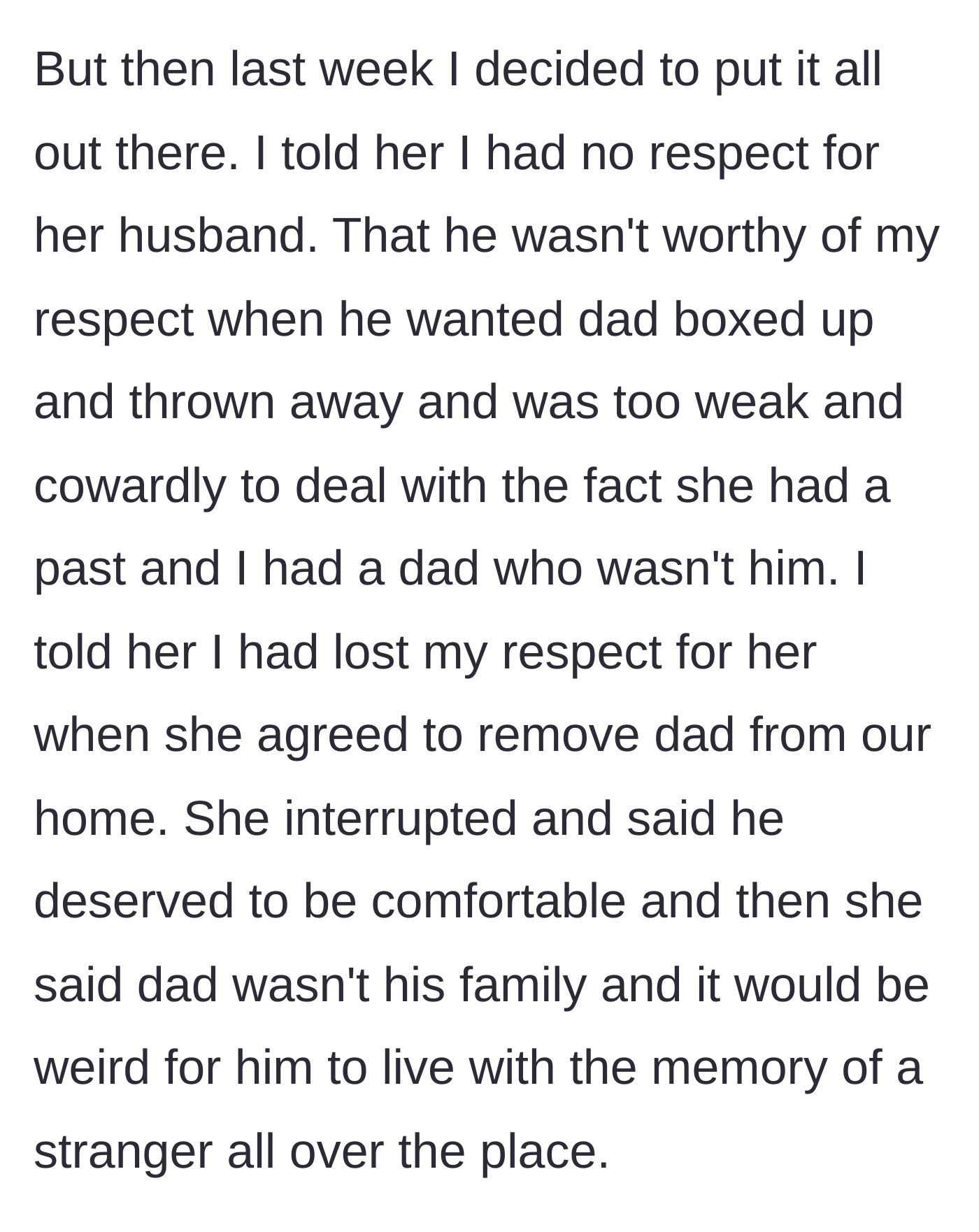 Story part 6 - During a therapy session, the daughter finally confronts her mother about the erased memories, but the mother defensively prioritizes her husband's comfort.