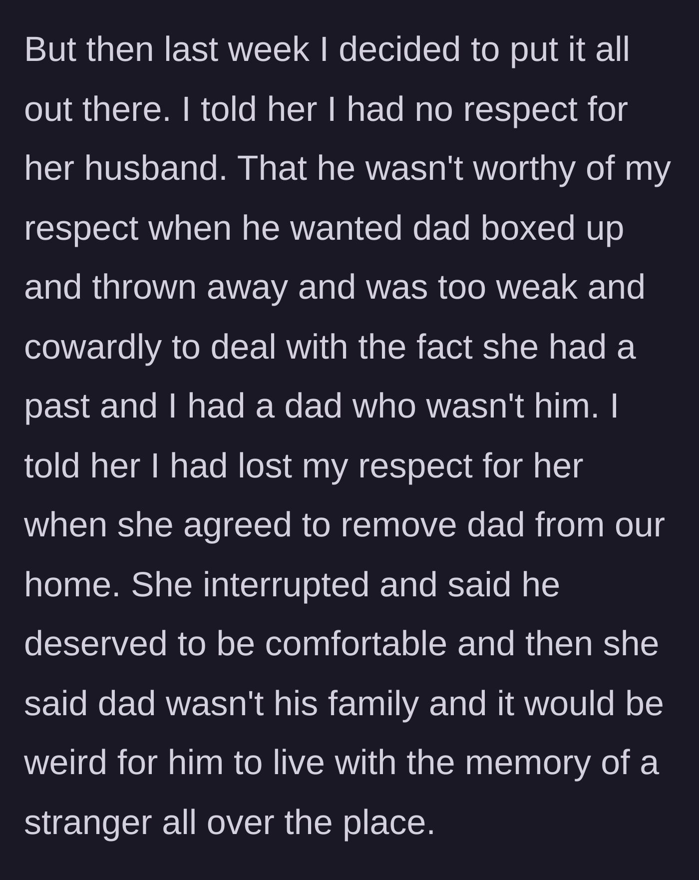 Story part 6 - During a therapy session, the daughter finally confronts her mother about the erased memories, but the mother defensively prioritizes her husband's comfort.