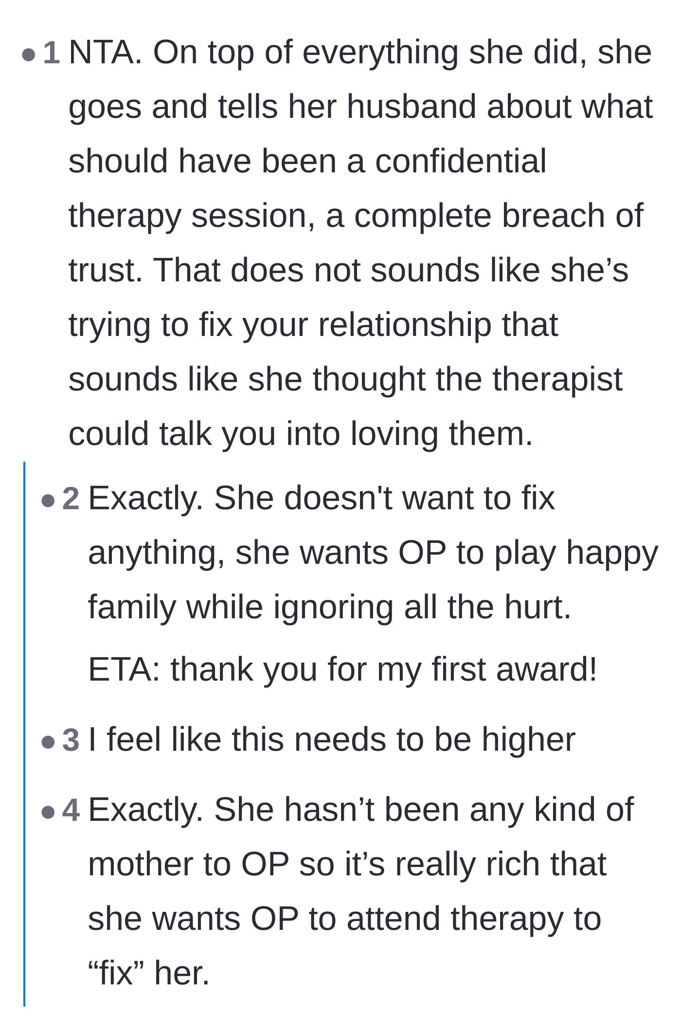 Comment thread 1 - Readers criticizing the mother for breaching therapy confidentiality to complain to her husband.