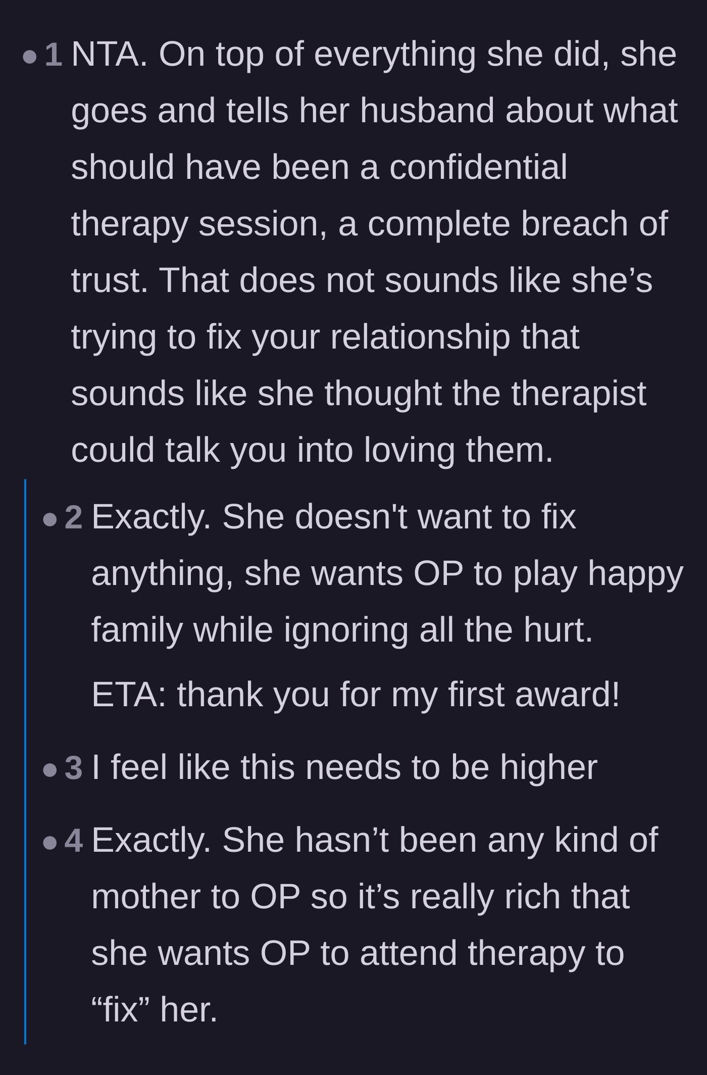 Comment thread 1 - Readers criticizing the mother for breaching therapy confidentiality to complain to her husband.