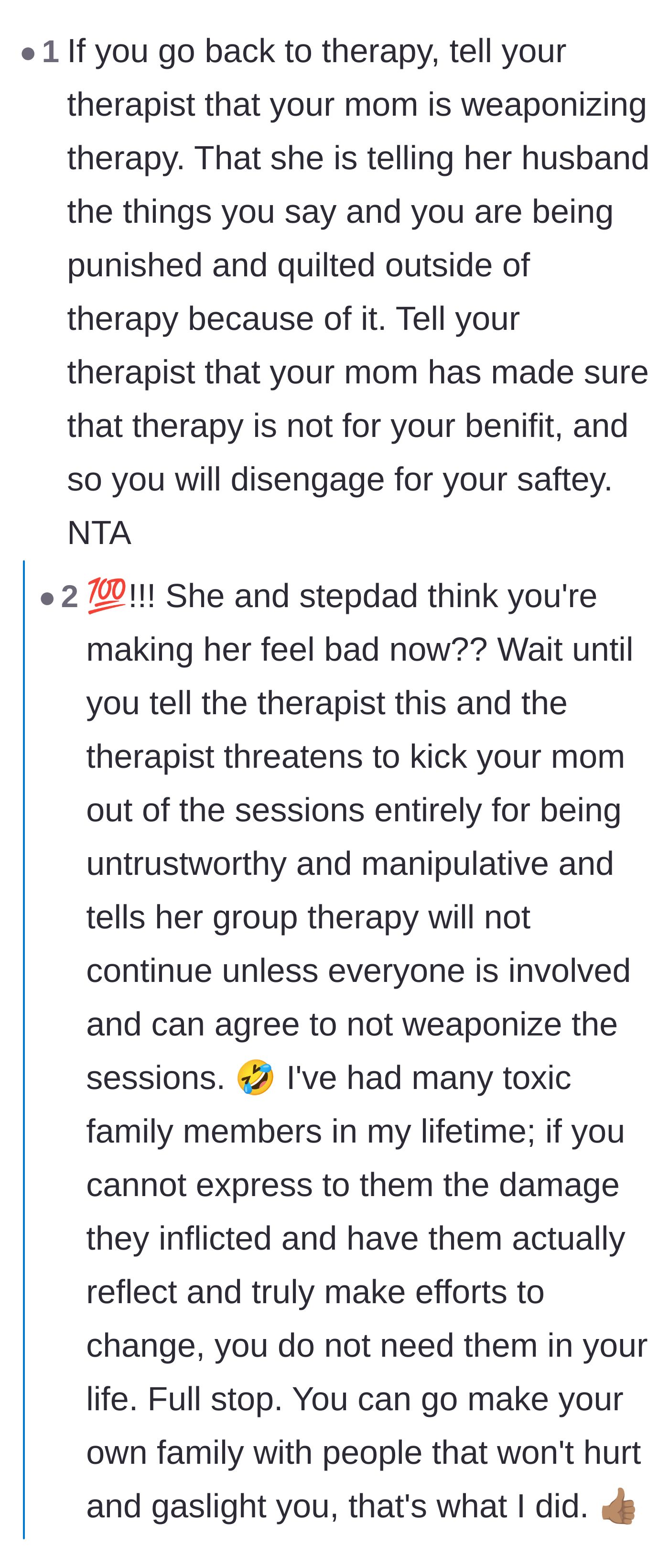 Comment thread 3 - Advice on informing the therapist about the mother sabotaging the sessions, alongside condemnation of the stepfather's wedding day ambush.