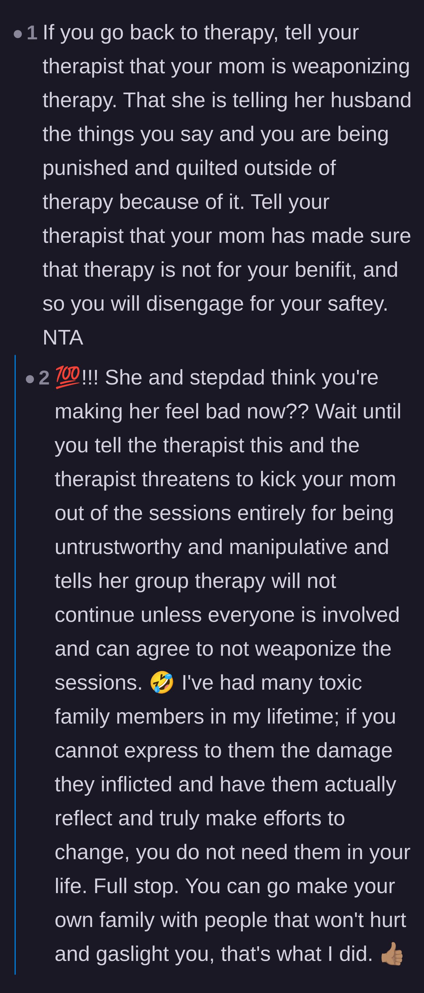 Comment thread 3 - Advice on informing the therapist about the mother sabotaging the sessions, alongside condemnation of the stepfather's wedding day ambush.