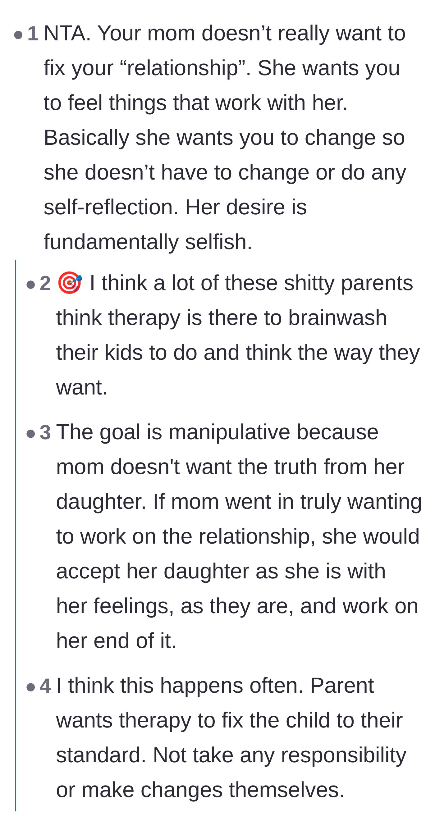 Comment thread 4 - A discussion about the mother's refusal to take accountability and her desire for a picture-perfect family image.