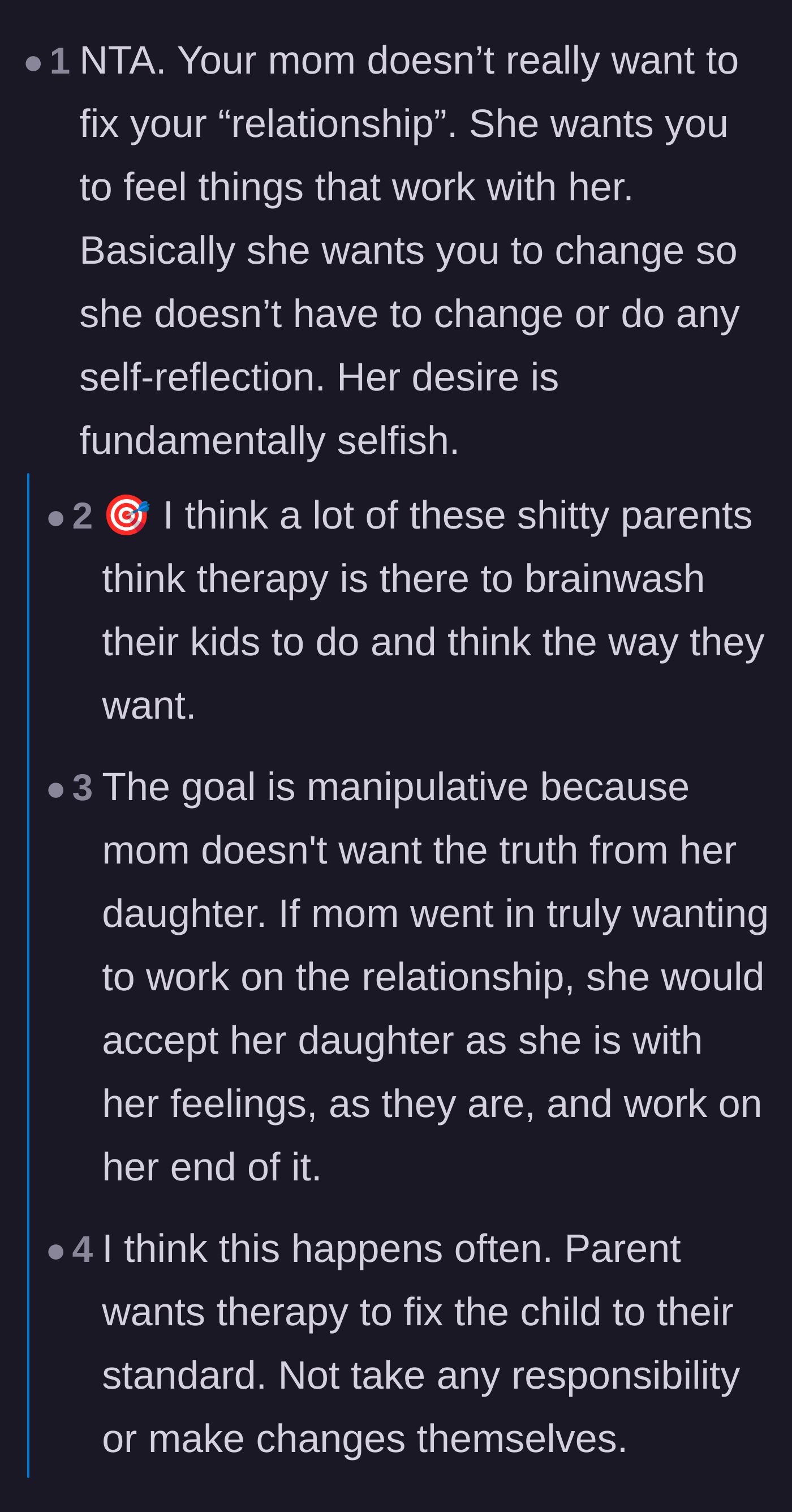 Comment thread 4 - A discussion about the mother's refusal to take accountability and her desire for a picture-perfect family image.