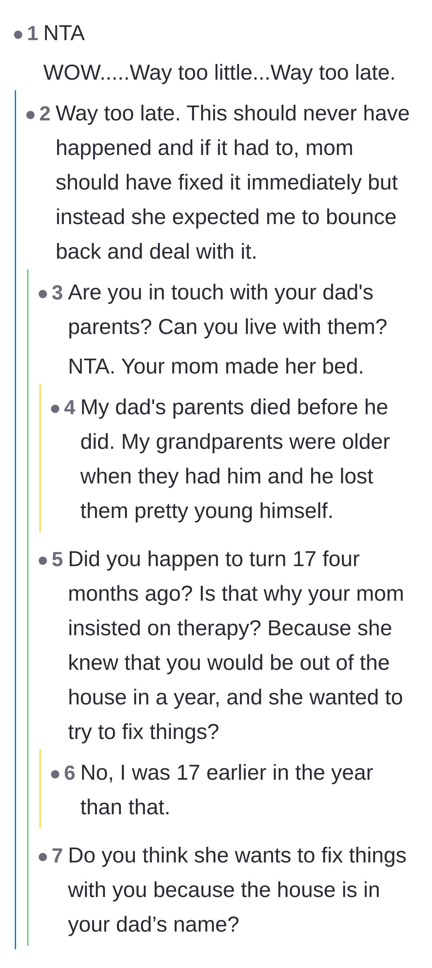 Comment thread 5 - Conversations about the timing of the mother's therapy request coinciding with the daughter approaching adulthood.
