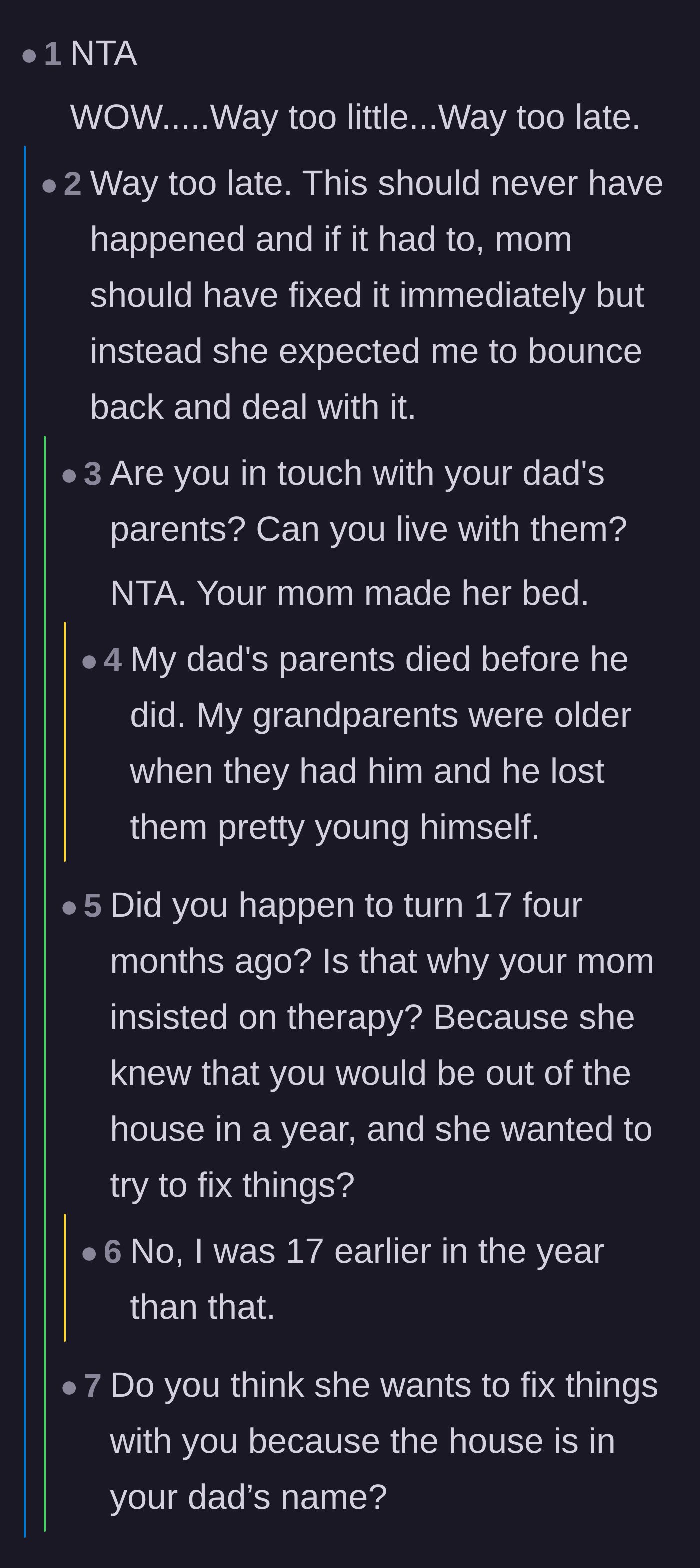 Comment thread 5 - Conversations about the timing of the mother's therapy request coinciding with the daughter approaching adulthood.