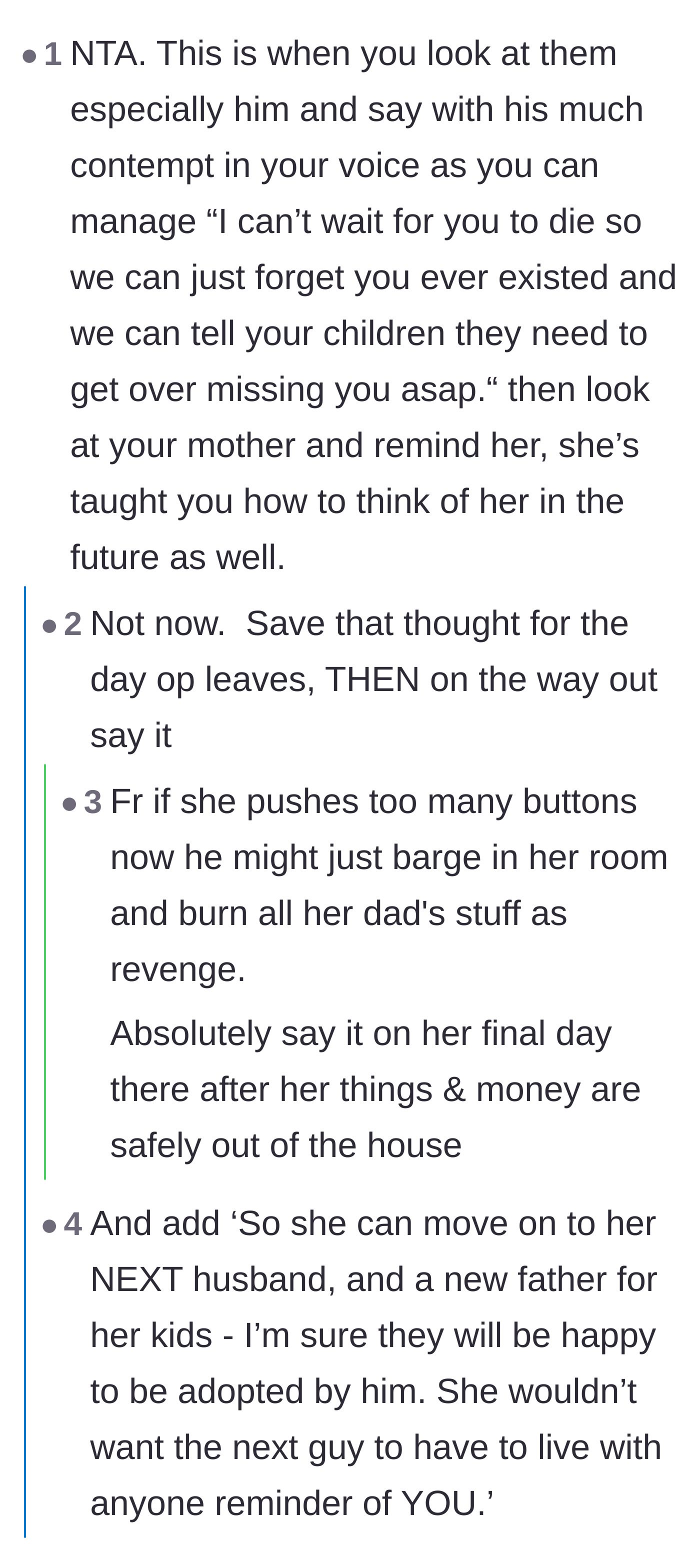 Comment thread 6 - Users brainstorming a harsh parting statement regarding the stepfather's eventual passing, advising the daughter to wait until she safely moves out.