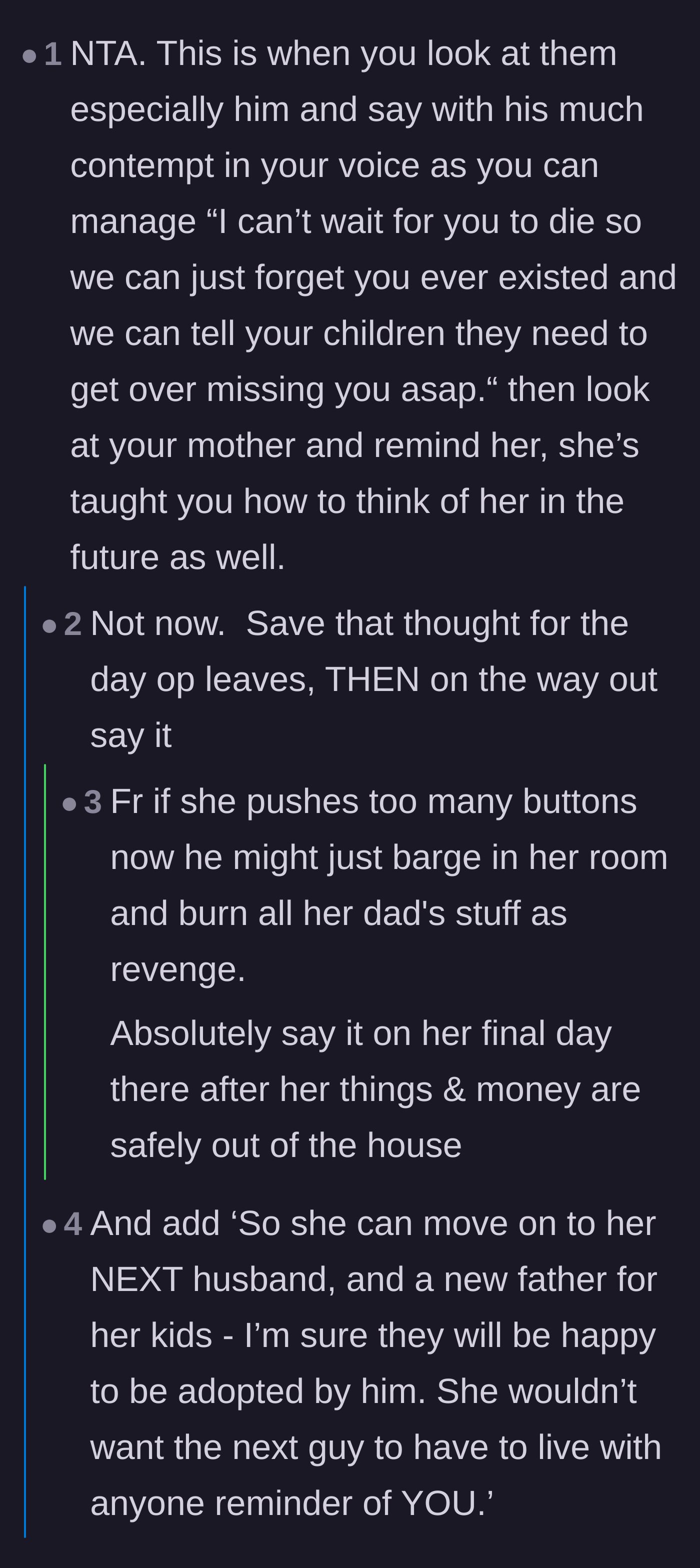 Comment thread 6 - Users brainstorming a harsh parting statement regarding the stepfather's eventual passing, advising the daughter to wait until she safely moves out.