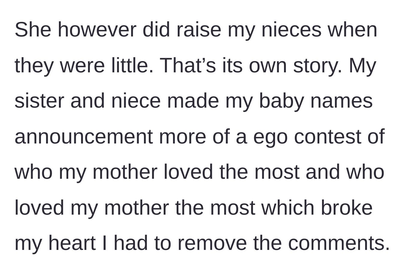 Story part 3 - The sister and niece turn the announcement into a cruel competition over who the late mother loved the most, forcing the pregnant woman to delete their comments.