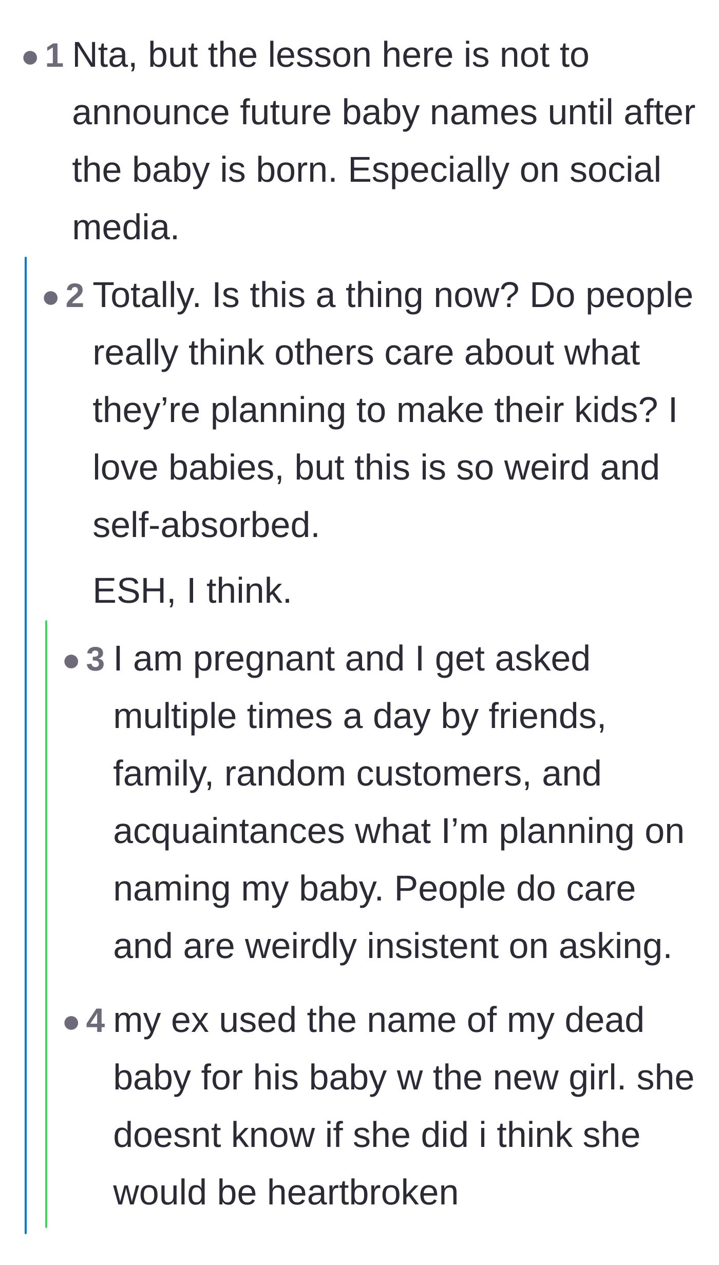 Comment thread 2 - A debate on the unexpected pitfalls of announcing baby names before the birth.