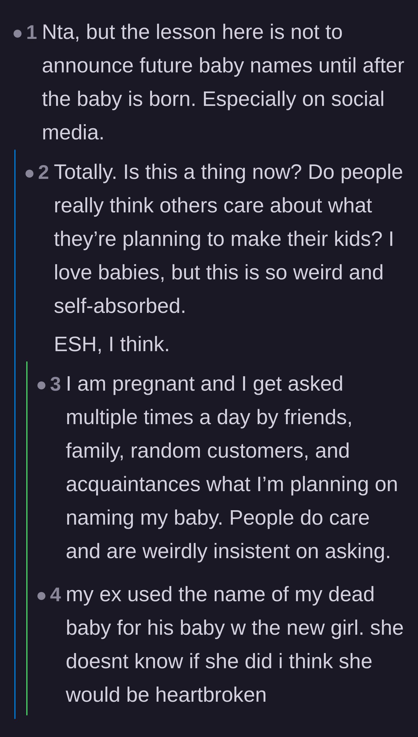 Comment thread 2 - A debate on the unexpected pitfalls of announcing baby names before the birth.