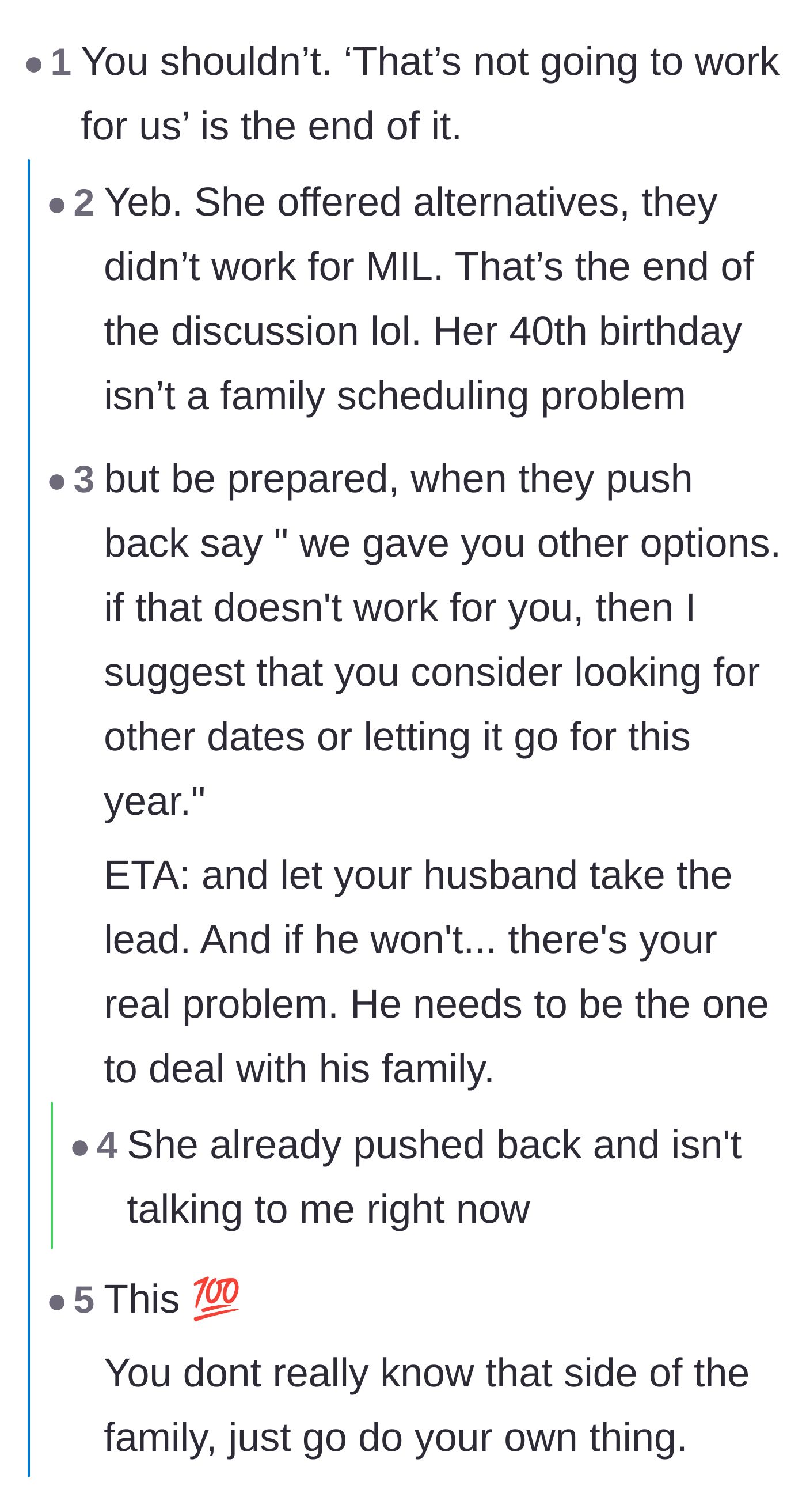 Comment thread 1 - Advice on enforcing boundaries, with readers celebrating the mother-in-law giving the silent treatment.