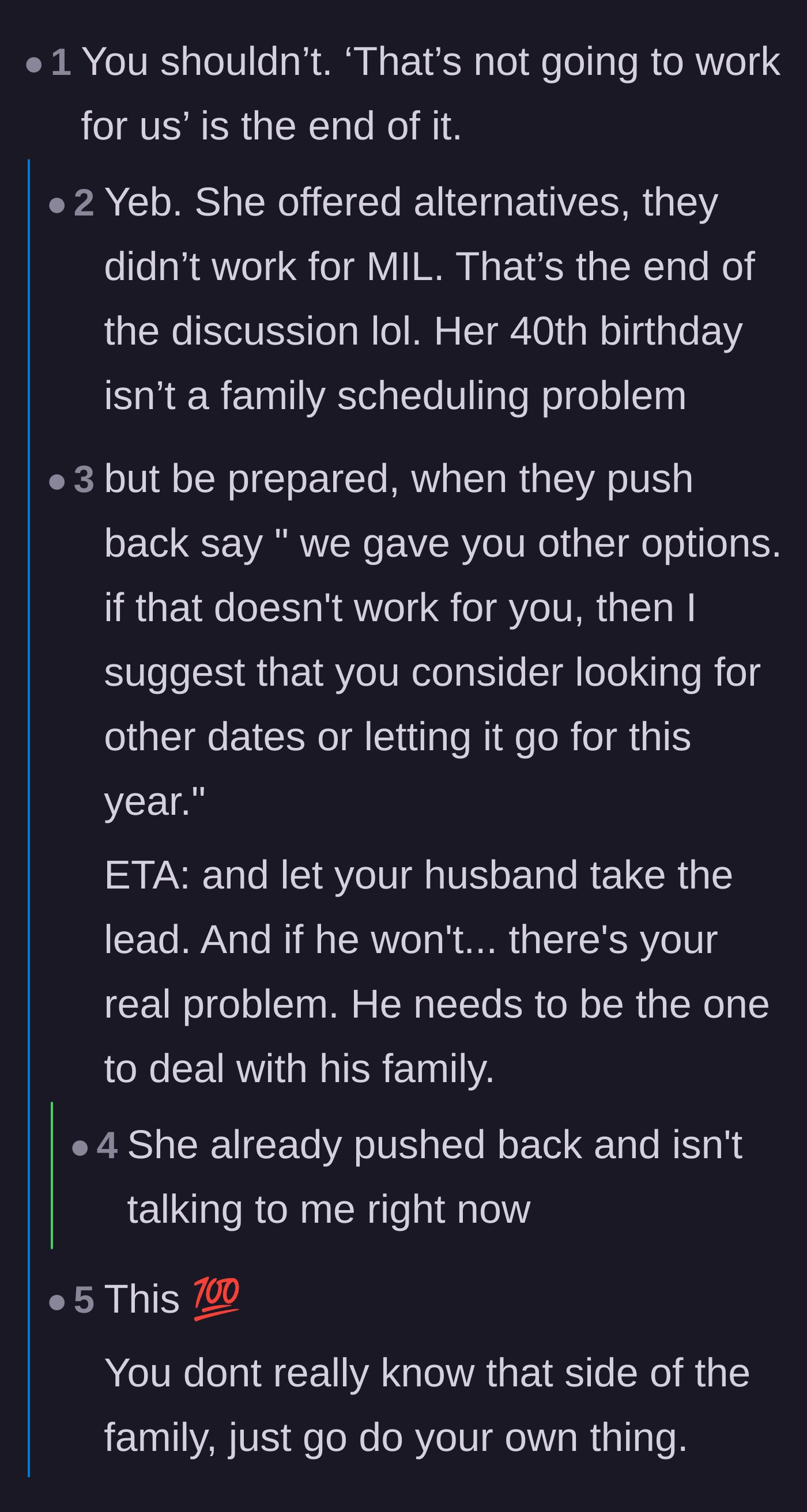 Comment thread 1 - Advice on enforcing boundaries, with readers celebrating the mother-in-law giving the silent treatment.