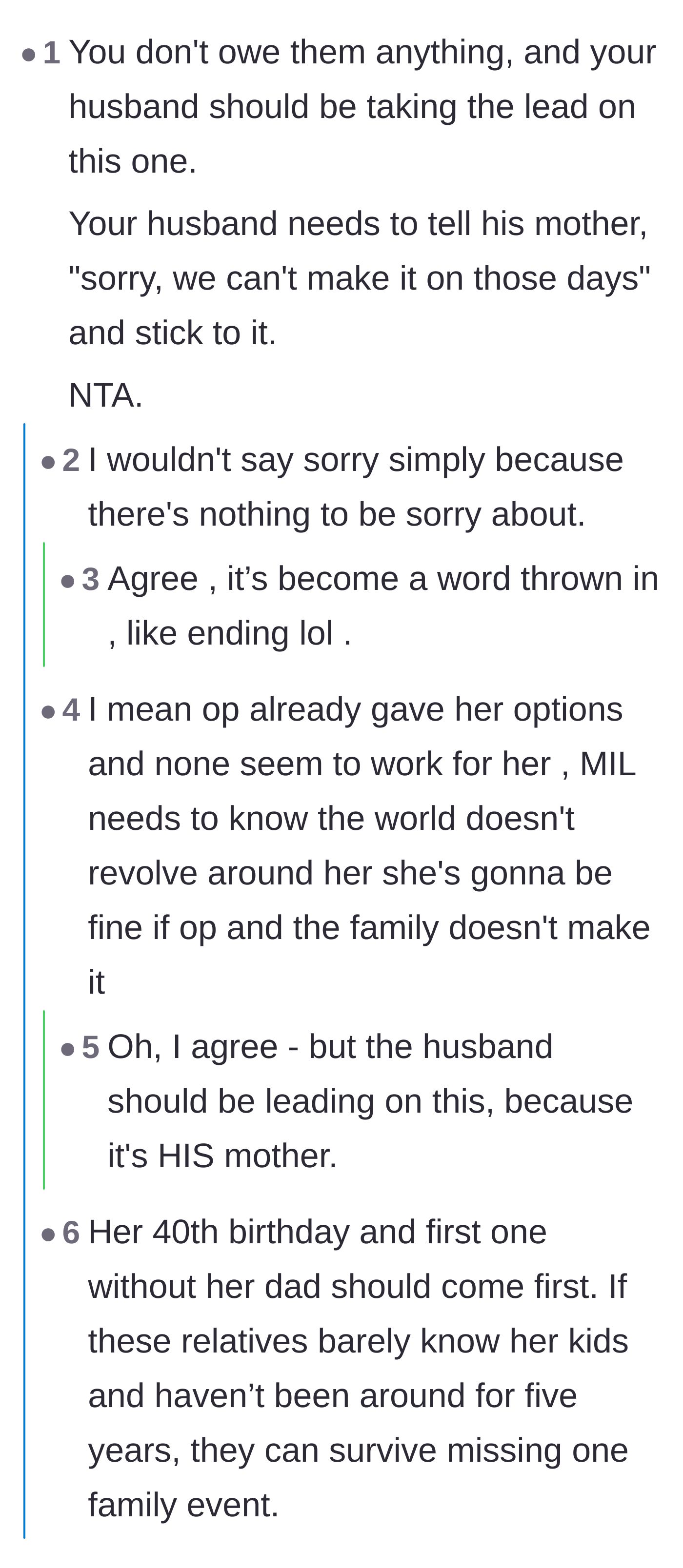 Comment thread 2 - Discussion calling out the husband's responsibility to handle his mother and telling the wife to stop apologizing.