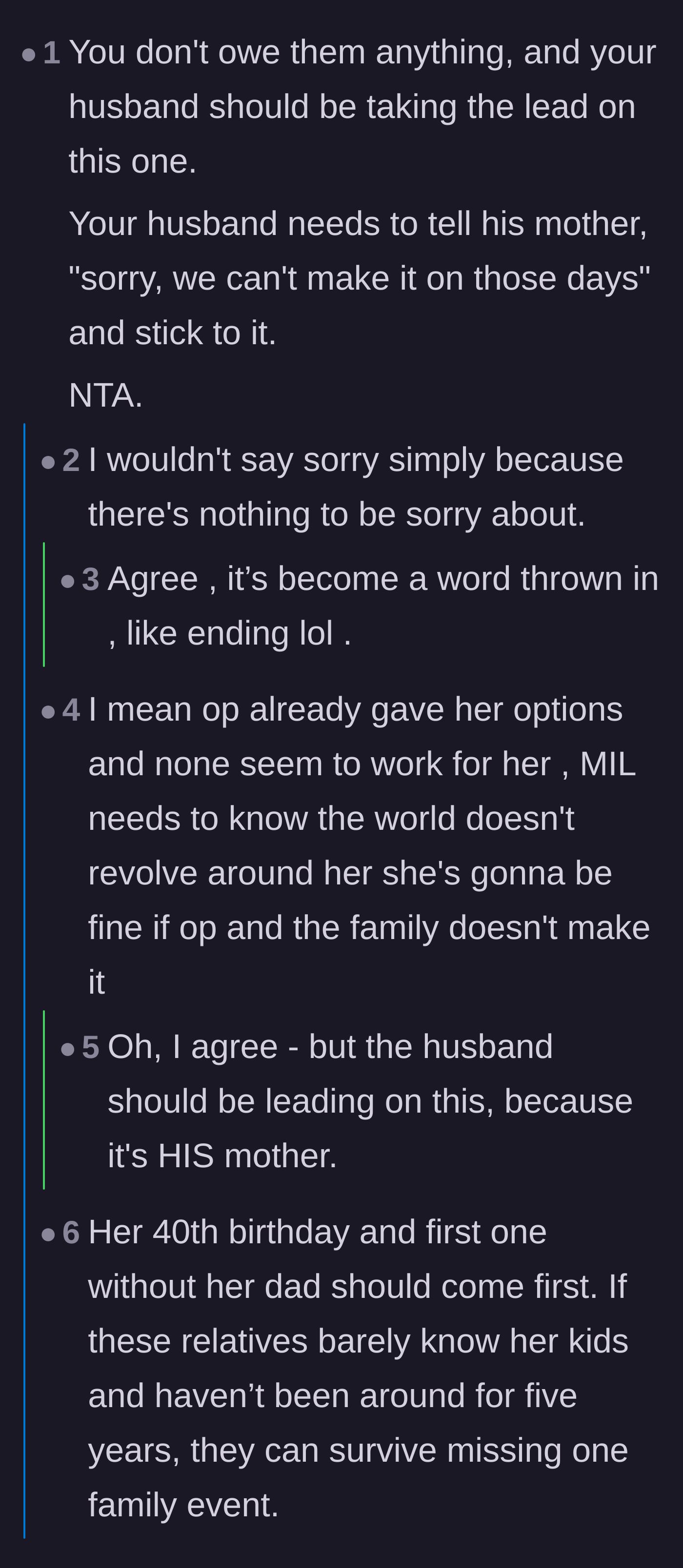 Comment thread 2 - Discussion calling out the husband's responsibility to handle his mother and telling the wife to stop apologizing.