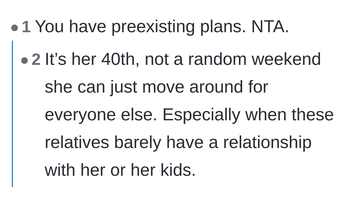 Comment thread 4 - Pointing out that preexisting milestone birthday plans trump a random family gathering.