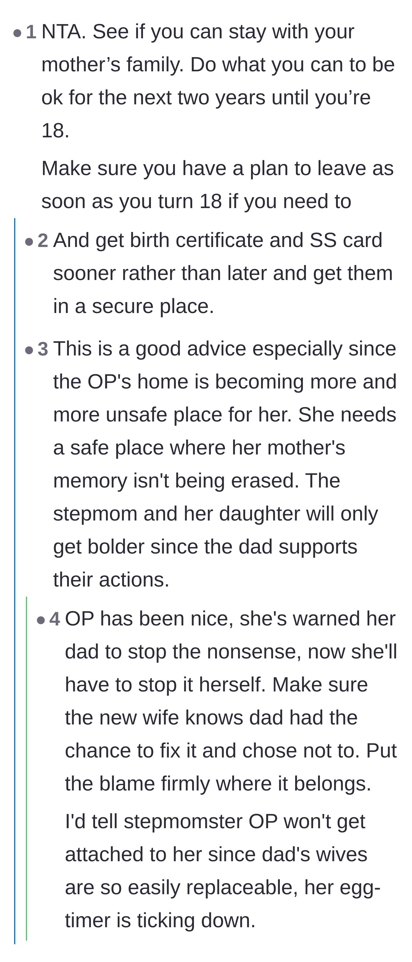 Comment thread 2 - Advice on surviving the next two years, securing important legal documents like a birth certificate, and planning an exit strategy at eighteen.