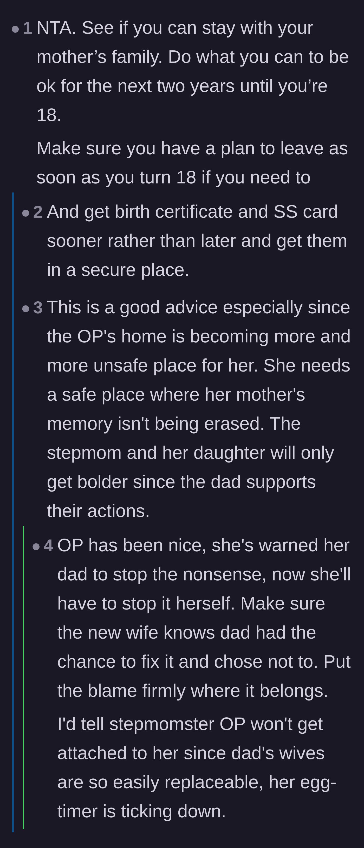 Comment thread 2 - Advice on surviving the next two years, securing important legal documents like a birth certificate, and planning an exit strategy at eighteen.