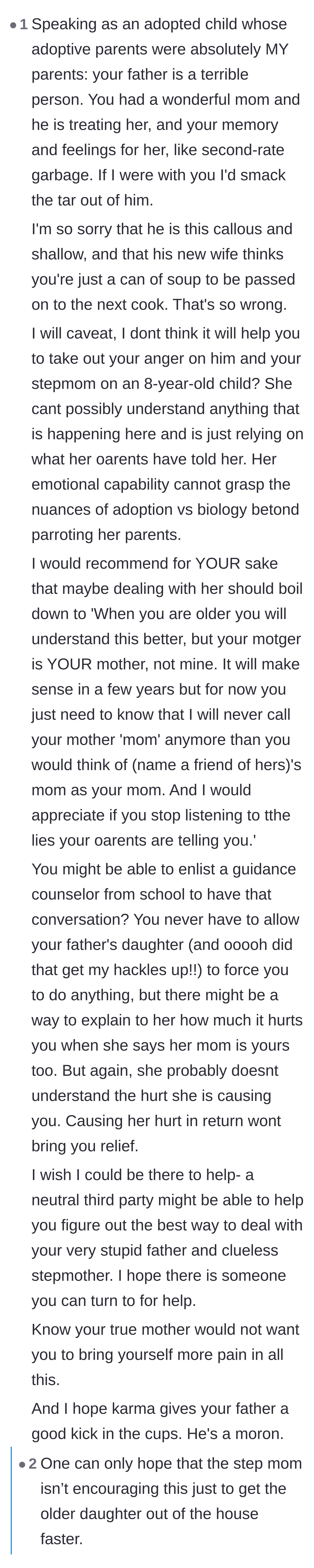 Comment thread 3 - An adopted commenter validates the teenager's feelings about her dad but advises handling the eight-year-old sister with gentle boundaries.