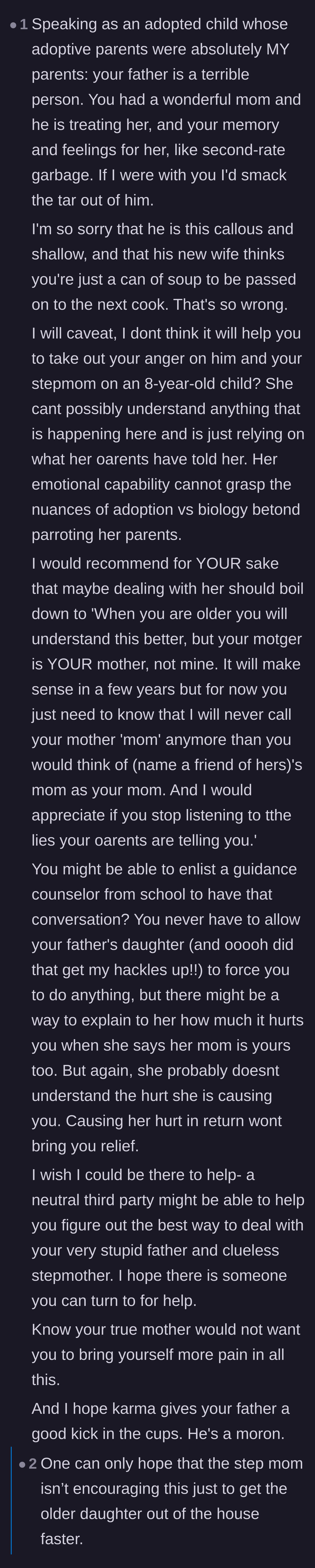 Comment thread 3 - An adopted commenter validates the teenager's feelings about her dad but advises handling the eight-year-old sister with gentle boundaries.